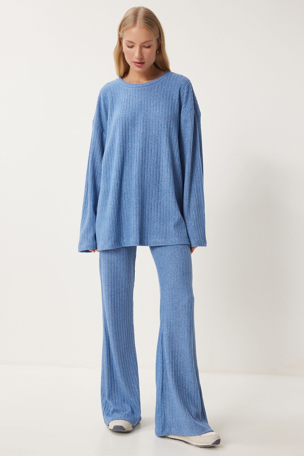 Woman Blue Casual Wick Knitting Blouse Pants Set RG00047