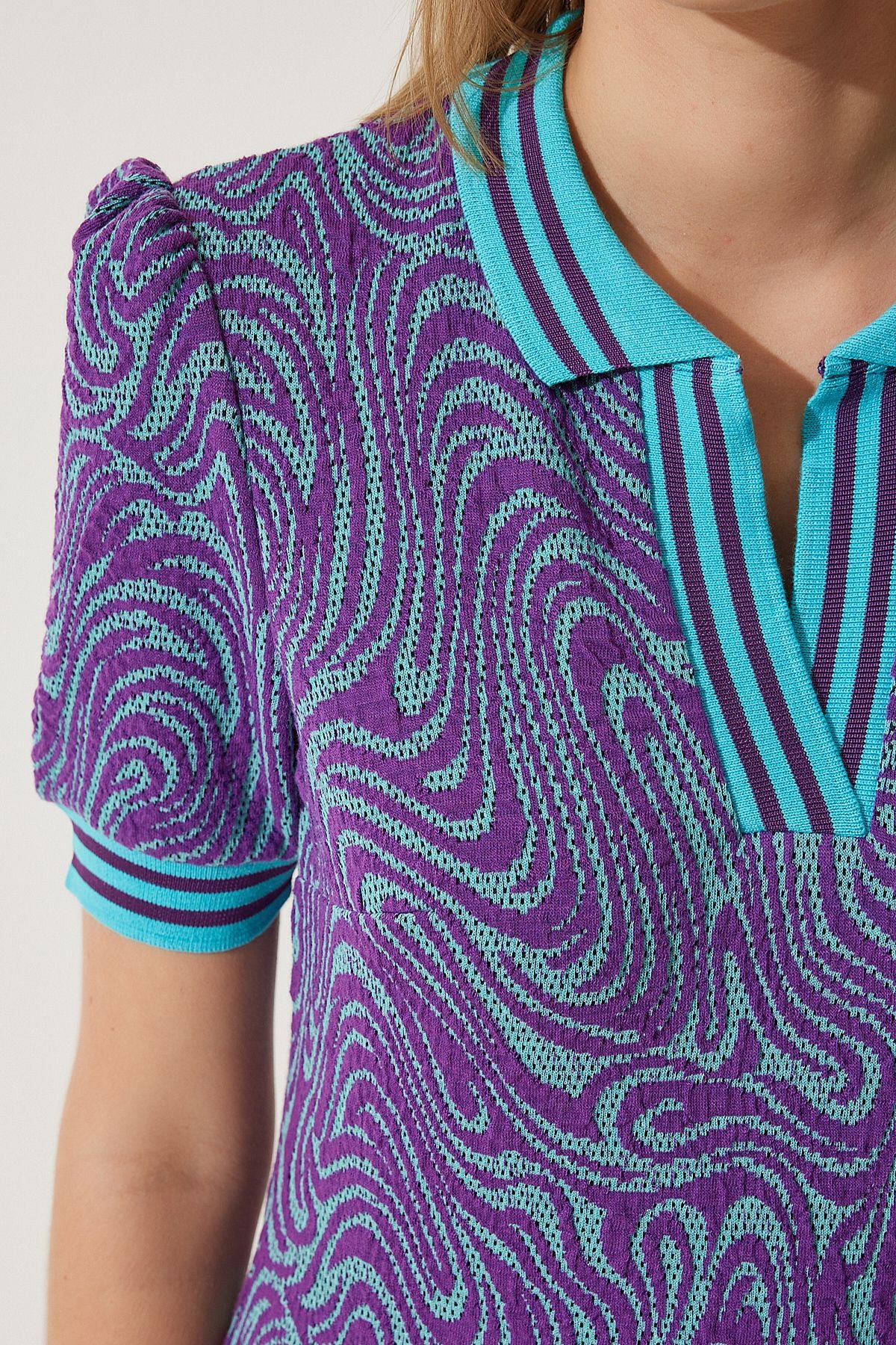 Woman Purple Patterned Polo Yaka knitwear dress NV00069