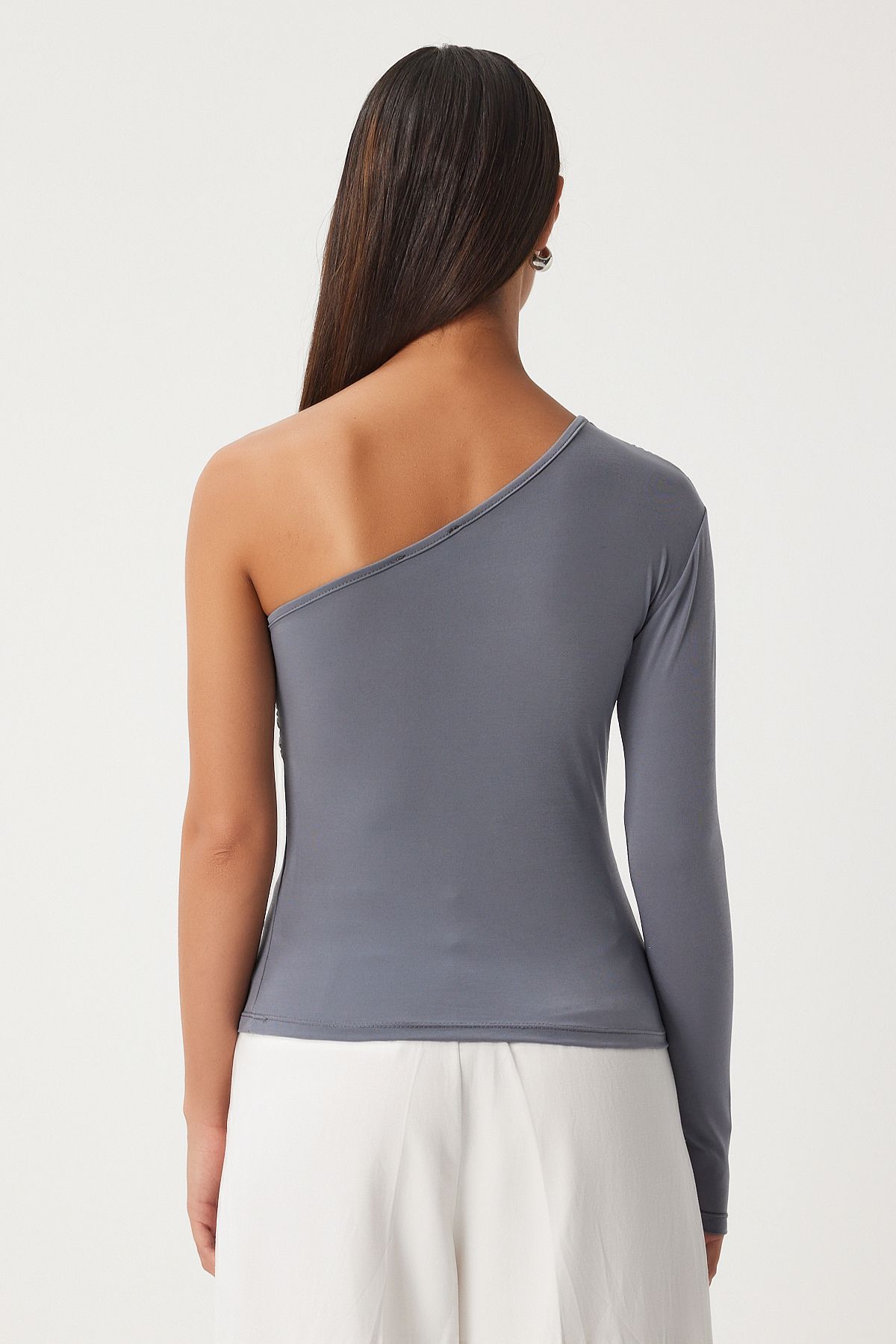 Women's Gray Single Shoulder Shirring Detailed Knitting Blouse ZH00032