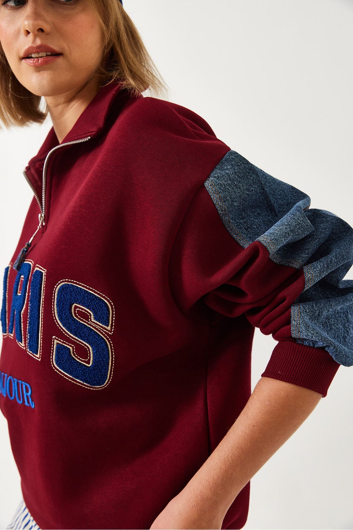Denim detailed three yarns with zipper with zipper Sweatshirt 60261236