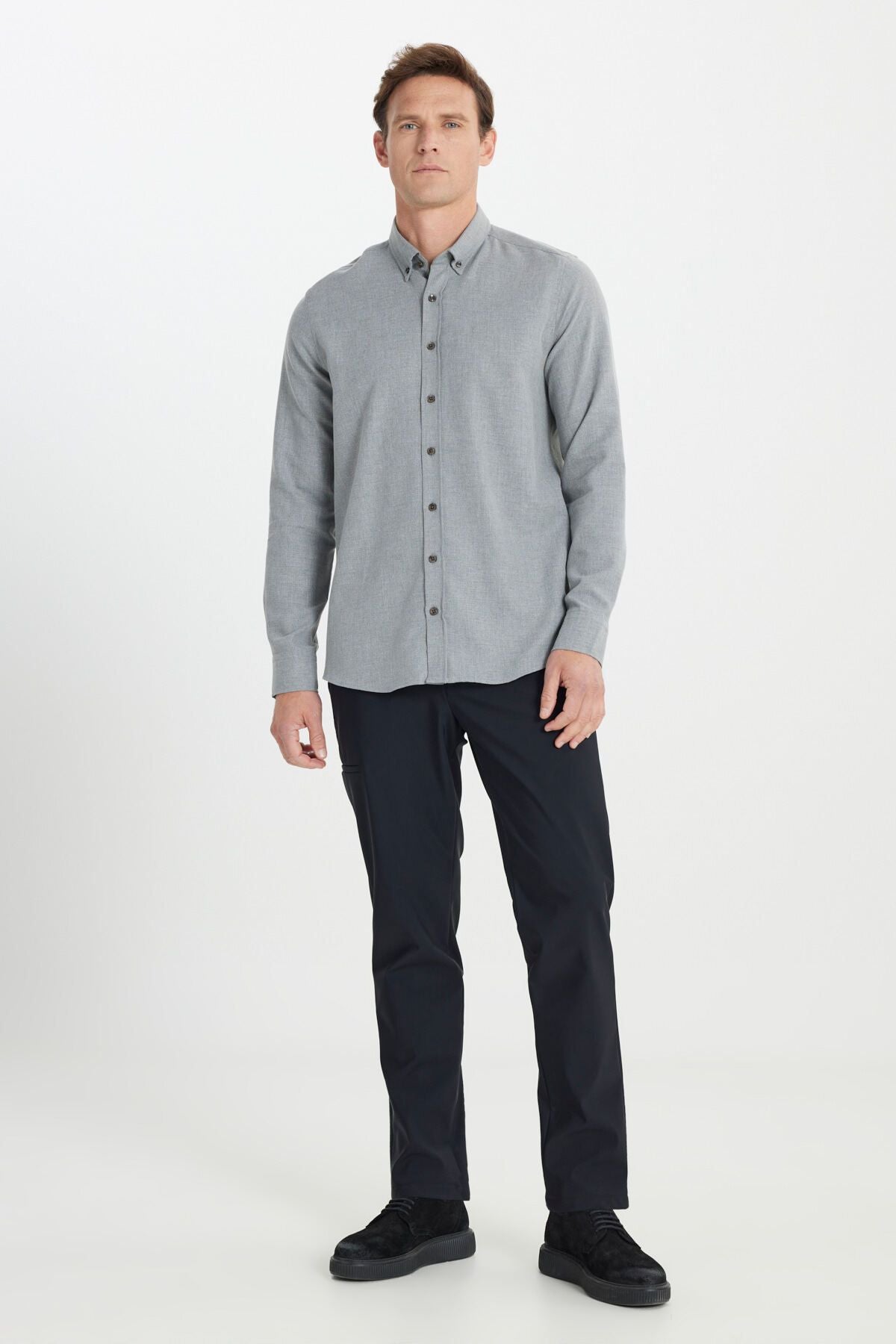 Men's light gray cotton flannel slim fit narrow cut buttoned button shirt