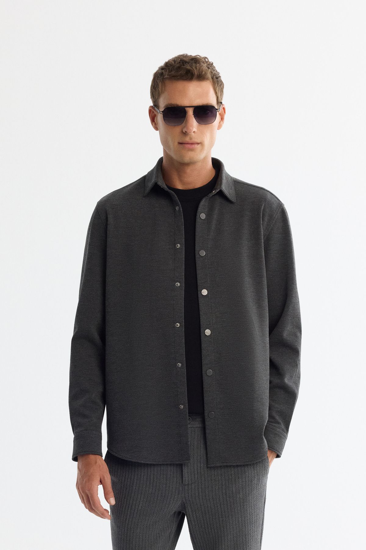 Men's anthracite buttoned collar diagonel shirt shirt A42Y2124