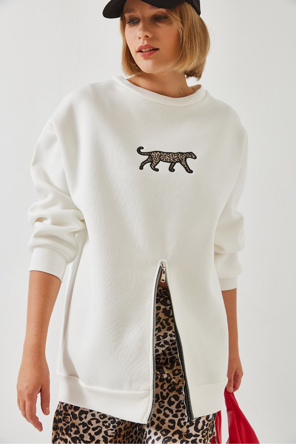 Female Three Yarn -Shardon front with zipper leopard printed Sweatshirt 60351258