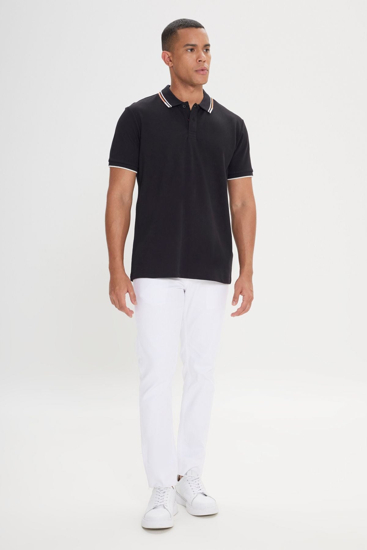 Men's black slim fit narrow cut 100 %cotton Polo collar T -shirt