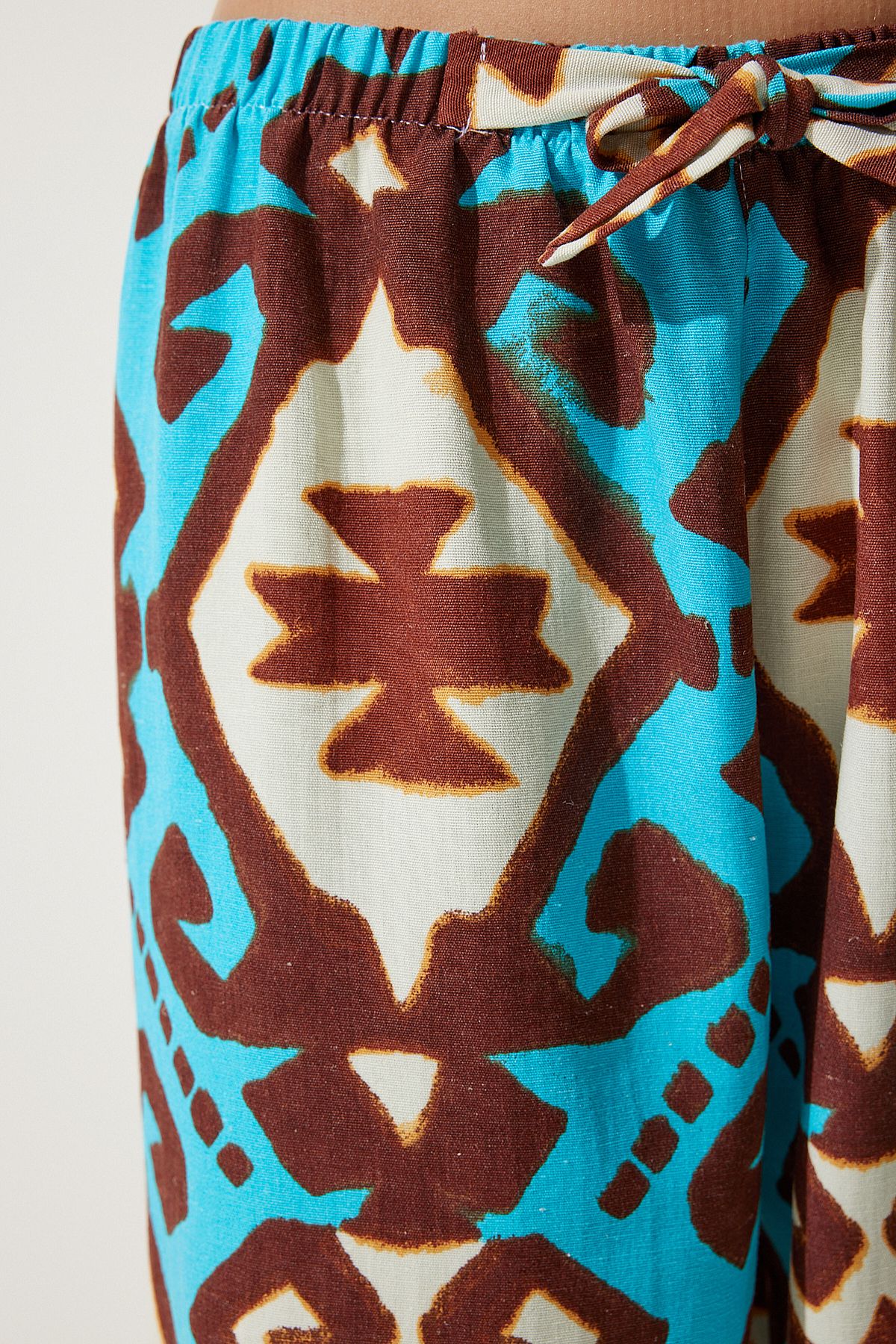 Female turquoise patterned raw linen palazzo pants BH00397
