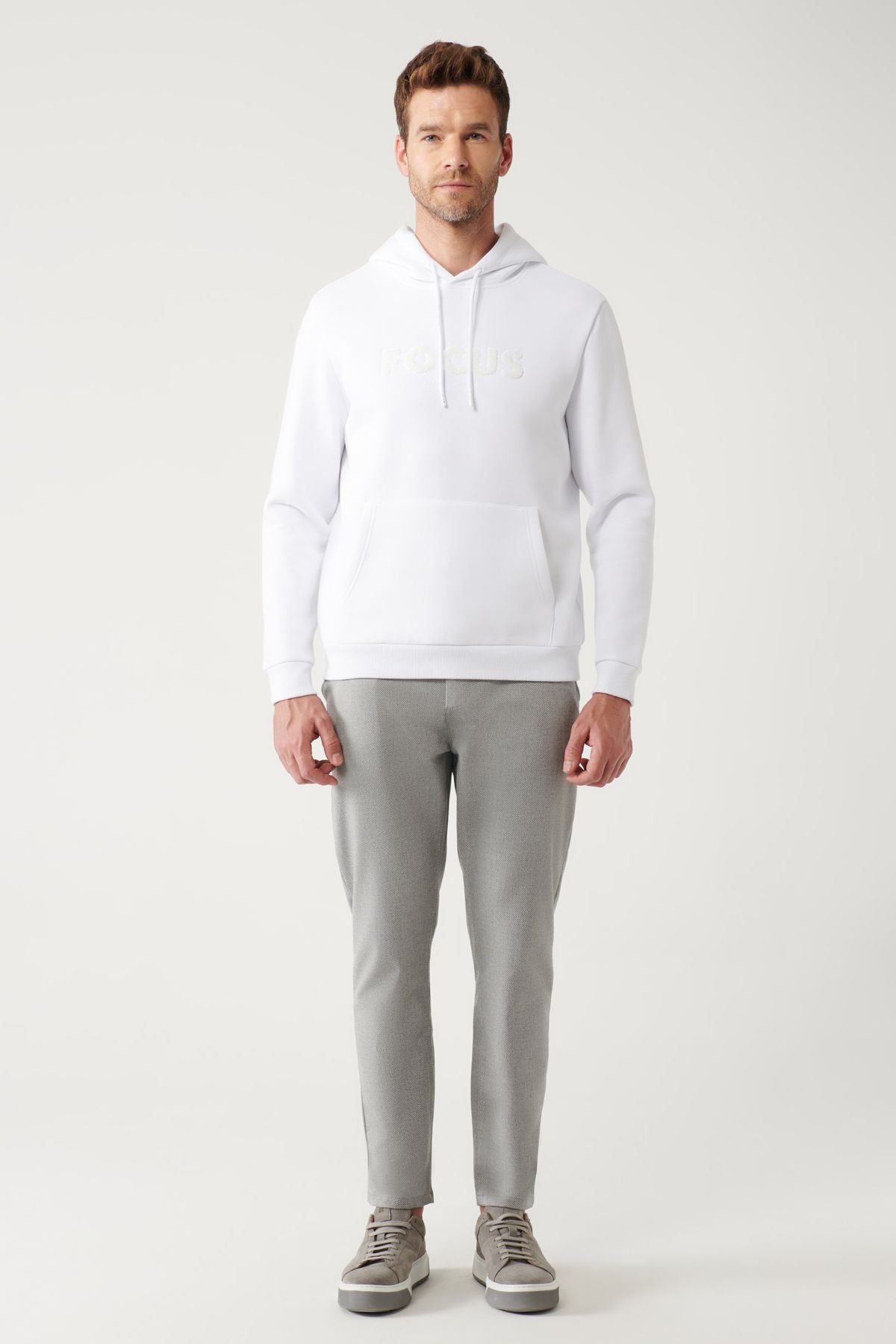 Men's white hooded 3 -to -bang kangaroo pocket Sweatshirt A32y1193
