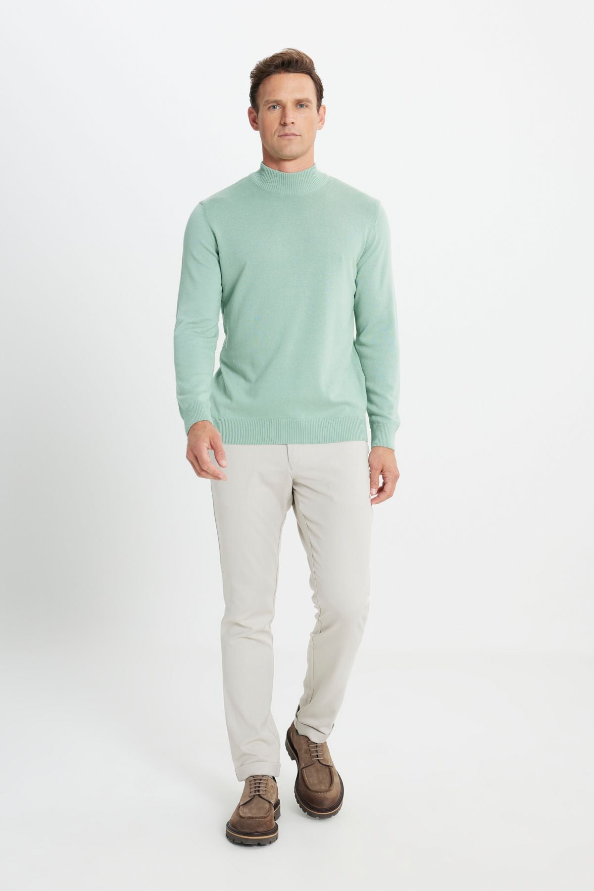 Men's Water Green Standard Fit Normal Cut Half Fisherman Collar Cotton Knitwear Sweater