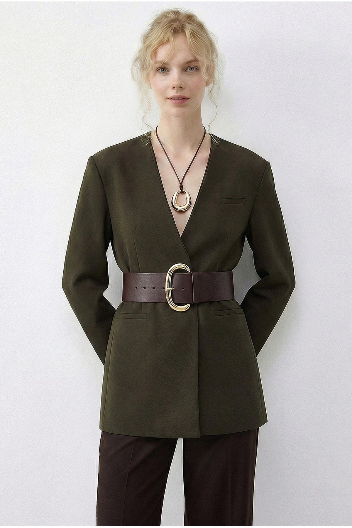 Women's Wide Belt Double Breasted Collar Lined Jacket 4169 60283989