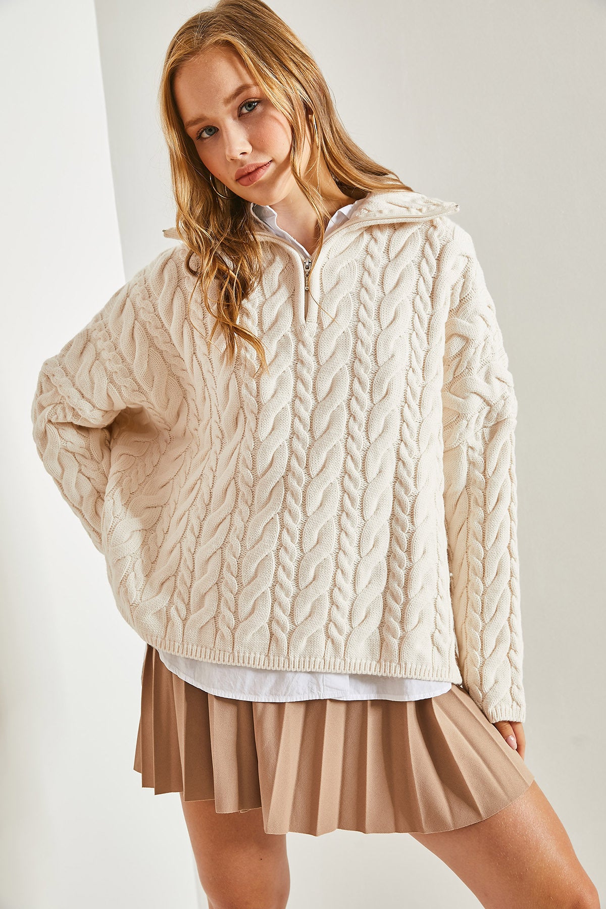 Women's Turtleneck Zippered Patterned Knitwear Sweater 40931017