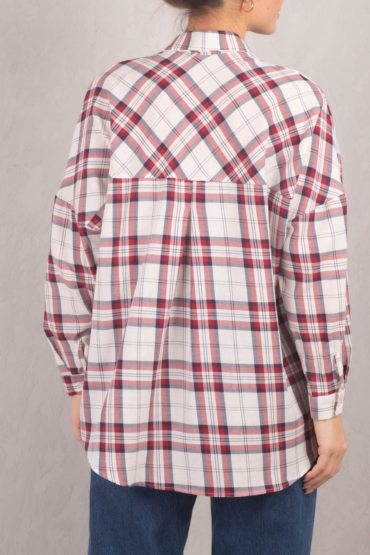 Woman Bordeaux Square Pattern Oversize Long Basic Shirt ARM-221144