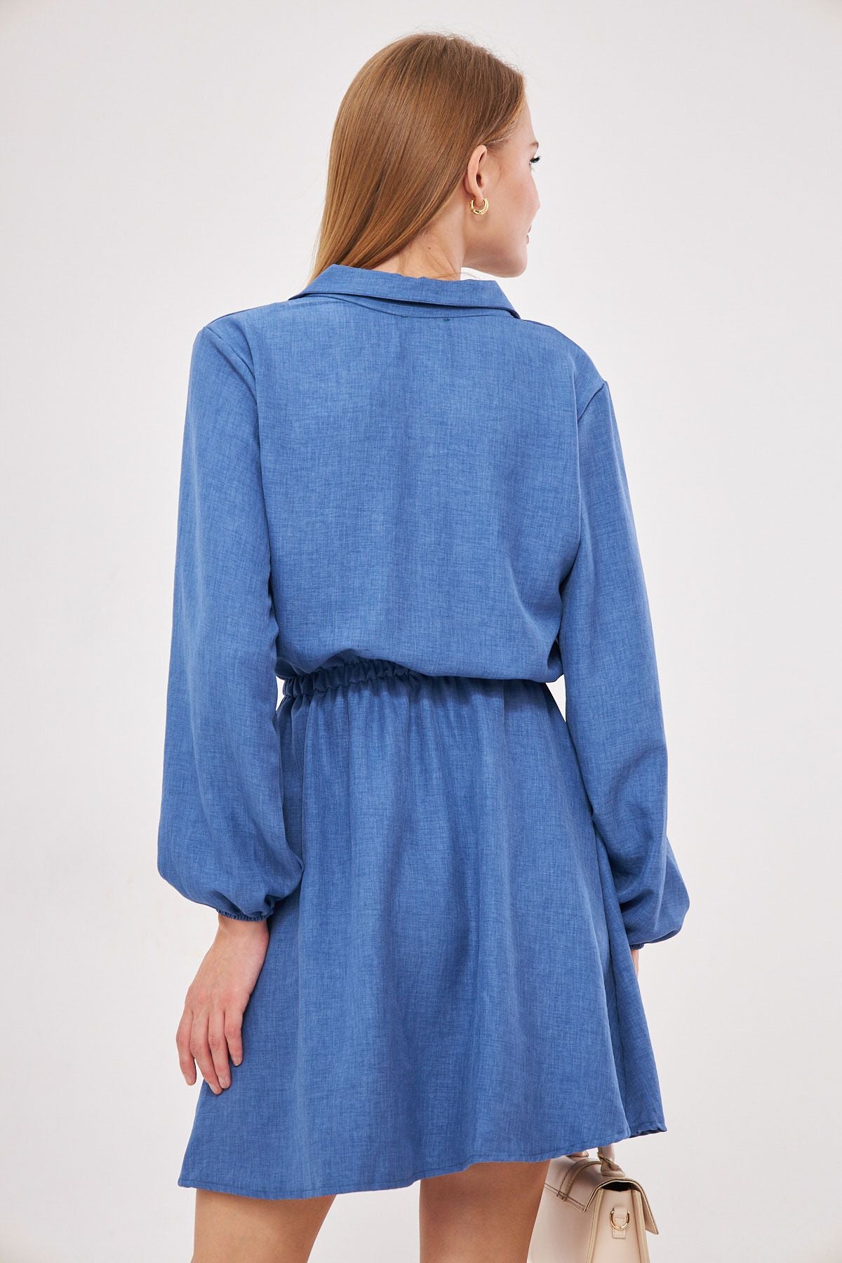 Woman Dark Blue Shirt collar Cruve waist and handle rubber dress with rubber dress ARM-25K001047