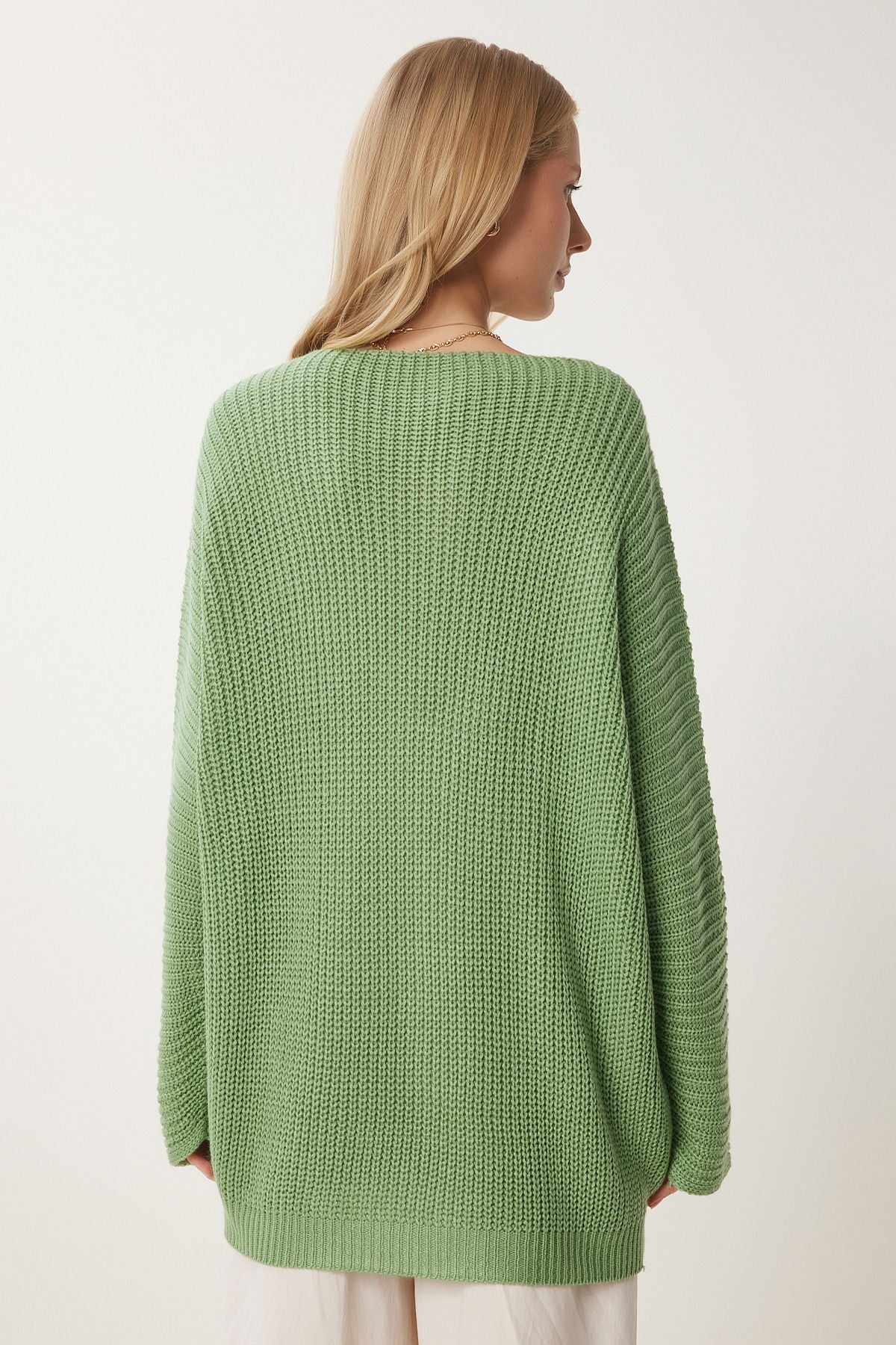 Women's Cagla Green V -Yaka Oversize Knitwear Kazakh YG00099