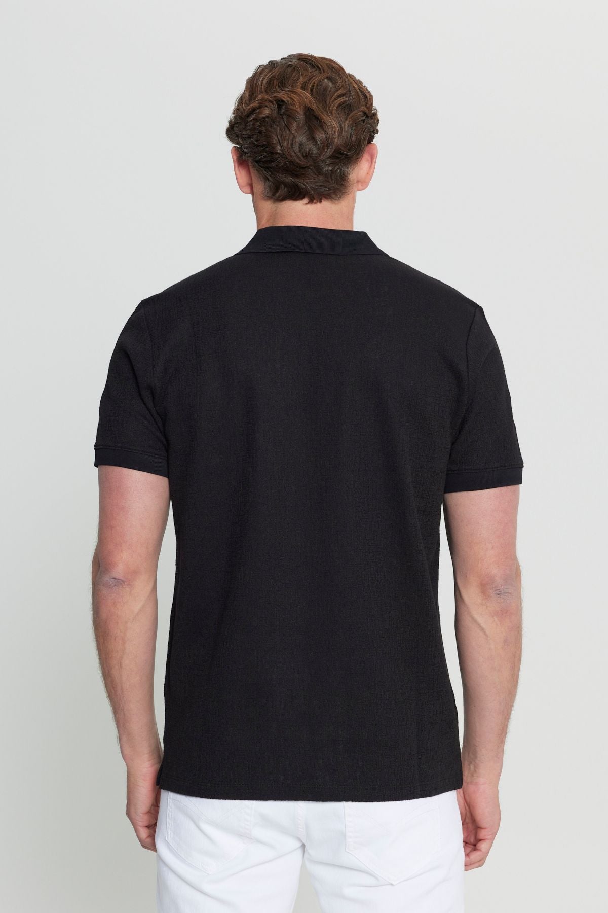 Men's black cotton slim fit narrow cut -down zippered neck jacket flexible t -shirt