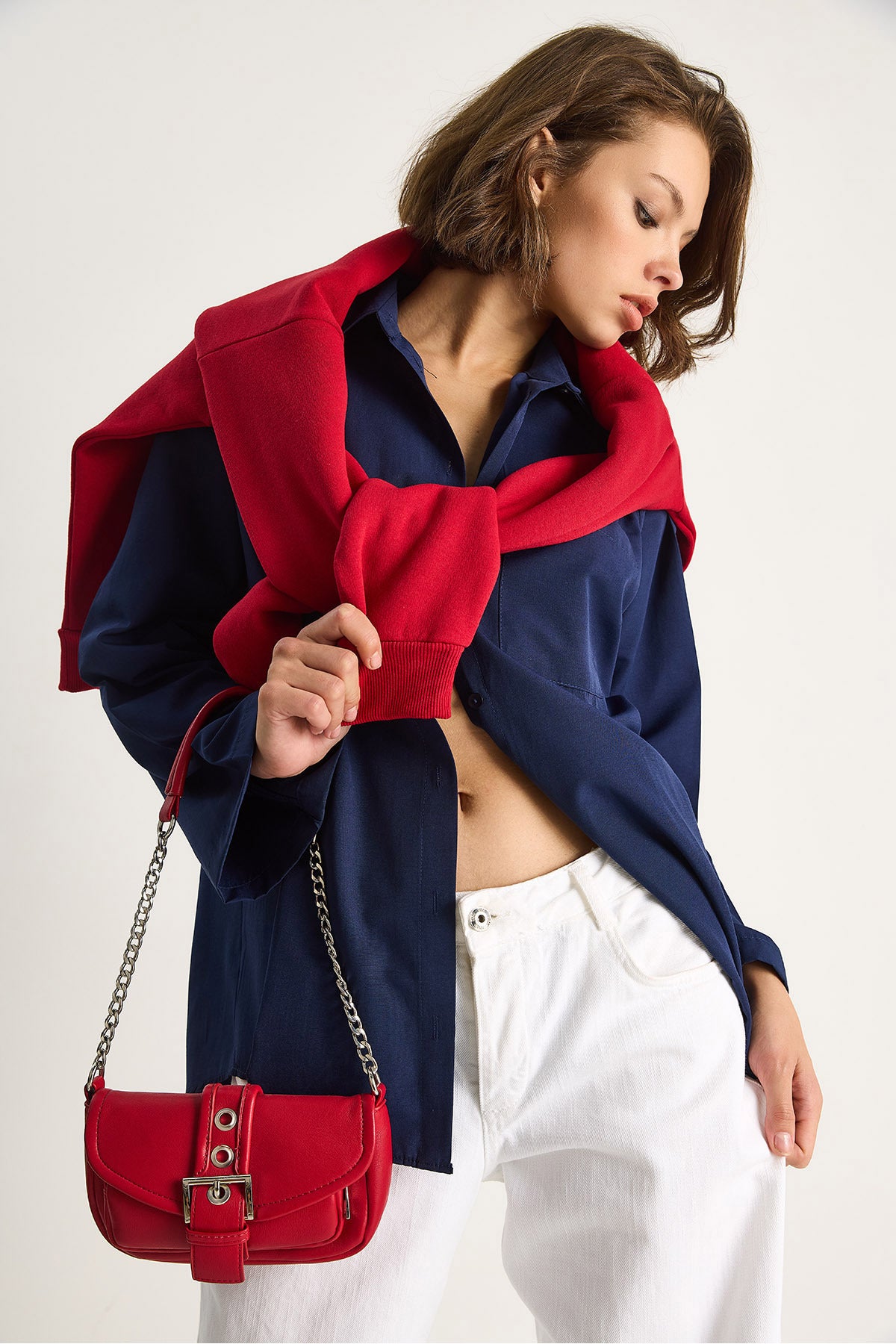 Women's Wide Sleeve Single Pocket Detailed Oversize Basic Poplin Shirt 2144 60284103