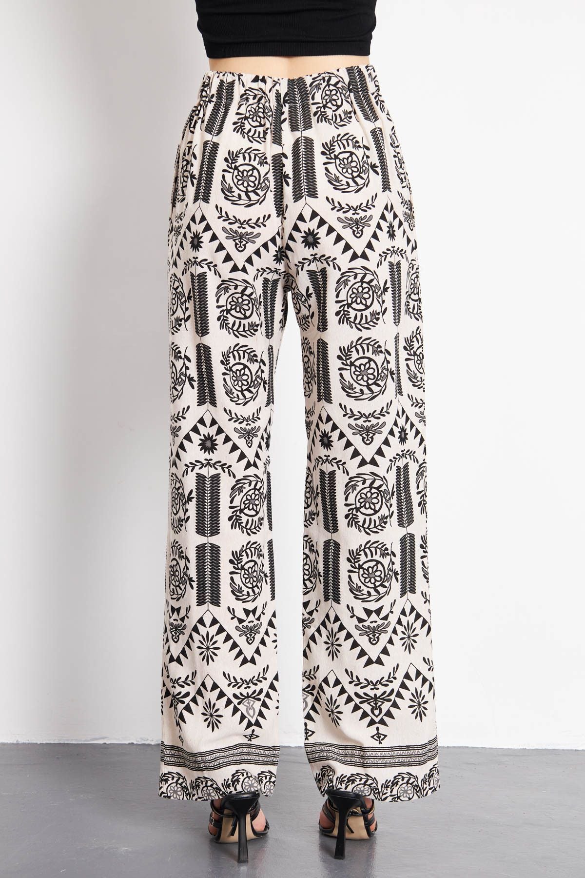 Palazzo Pants with Patterned Patterned Patterned Patterned Black-Gri Linen