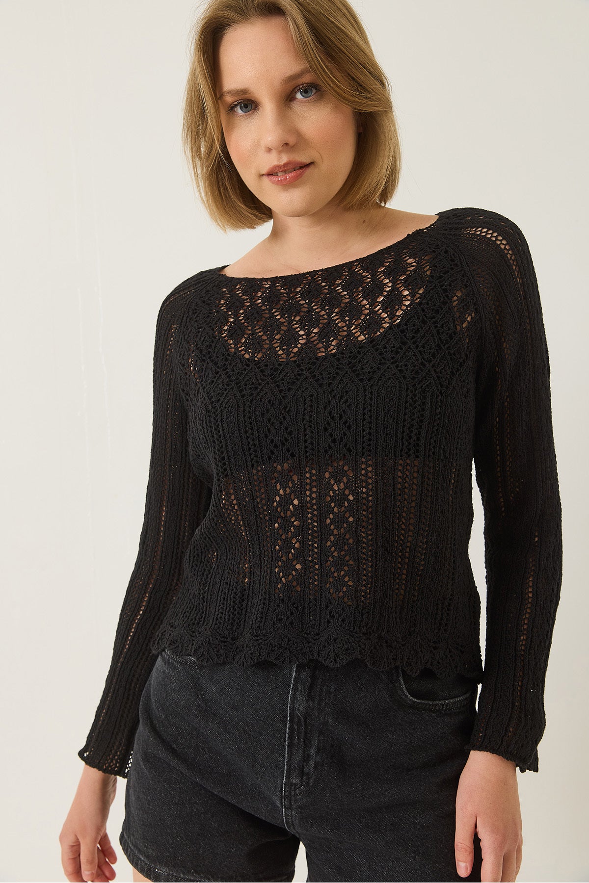 Women's Boat Neck Openwork Knitted Knitwear Blouse 60261567