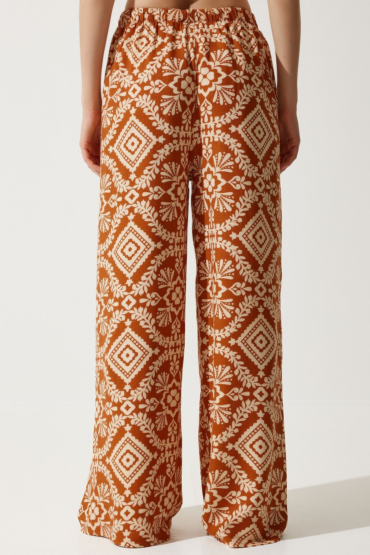 Female tile beige patterned raw linen palazzo pants BH00397