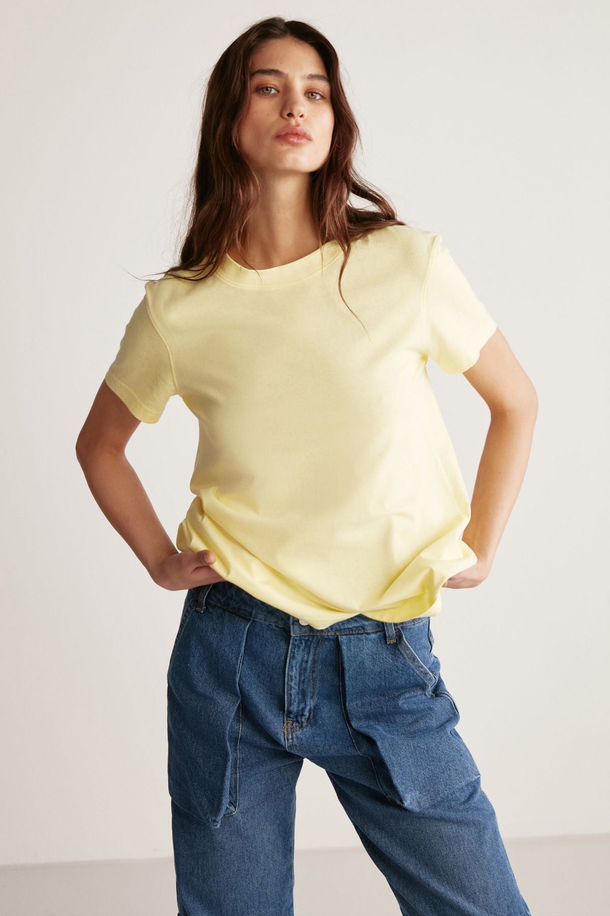 Samantha Women Comfort Fit 100 %Organic Cotton Basic Knitting Light Yellow T-shirt