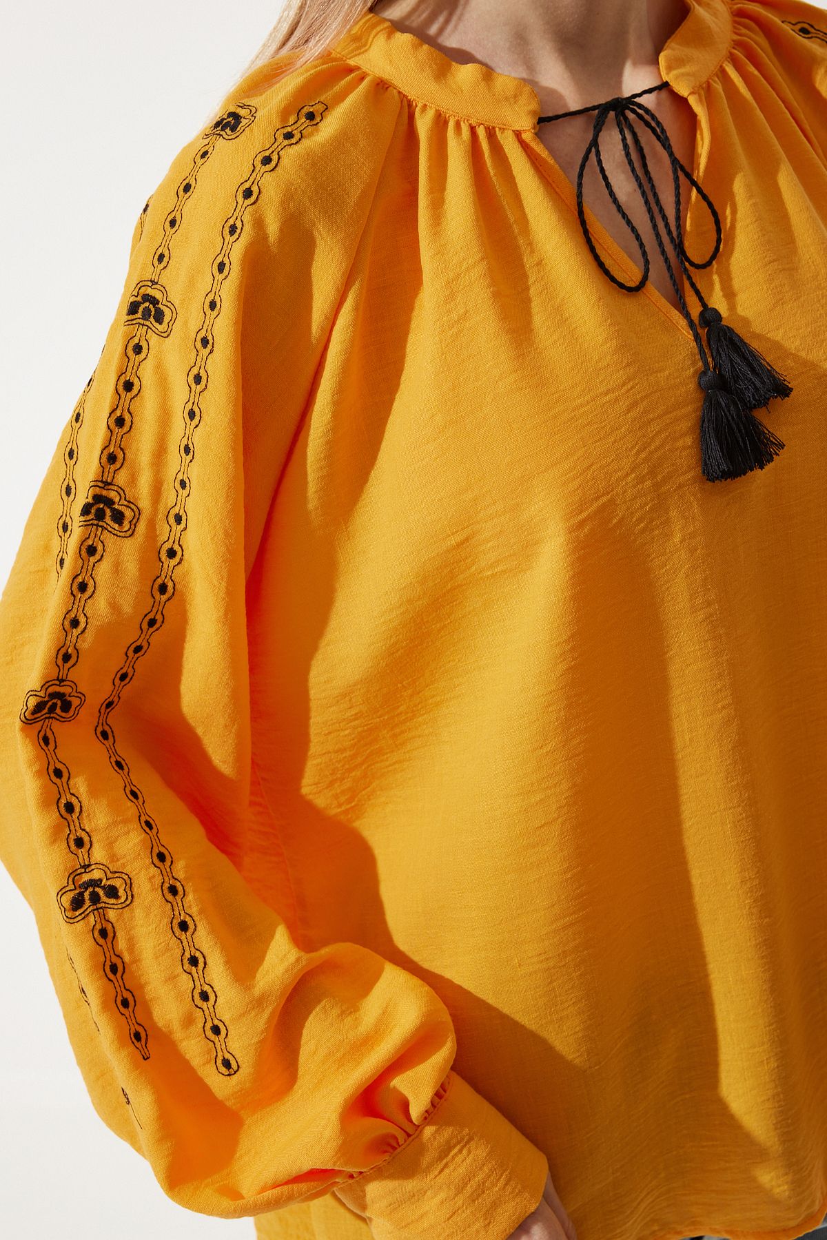 Female Orange Embroidered Oversizle Flax Blouse RG00038
