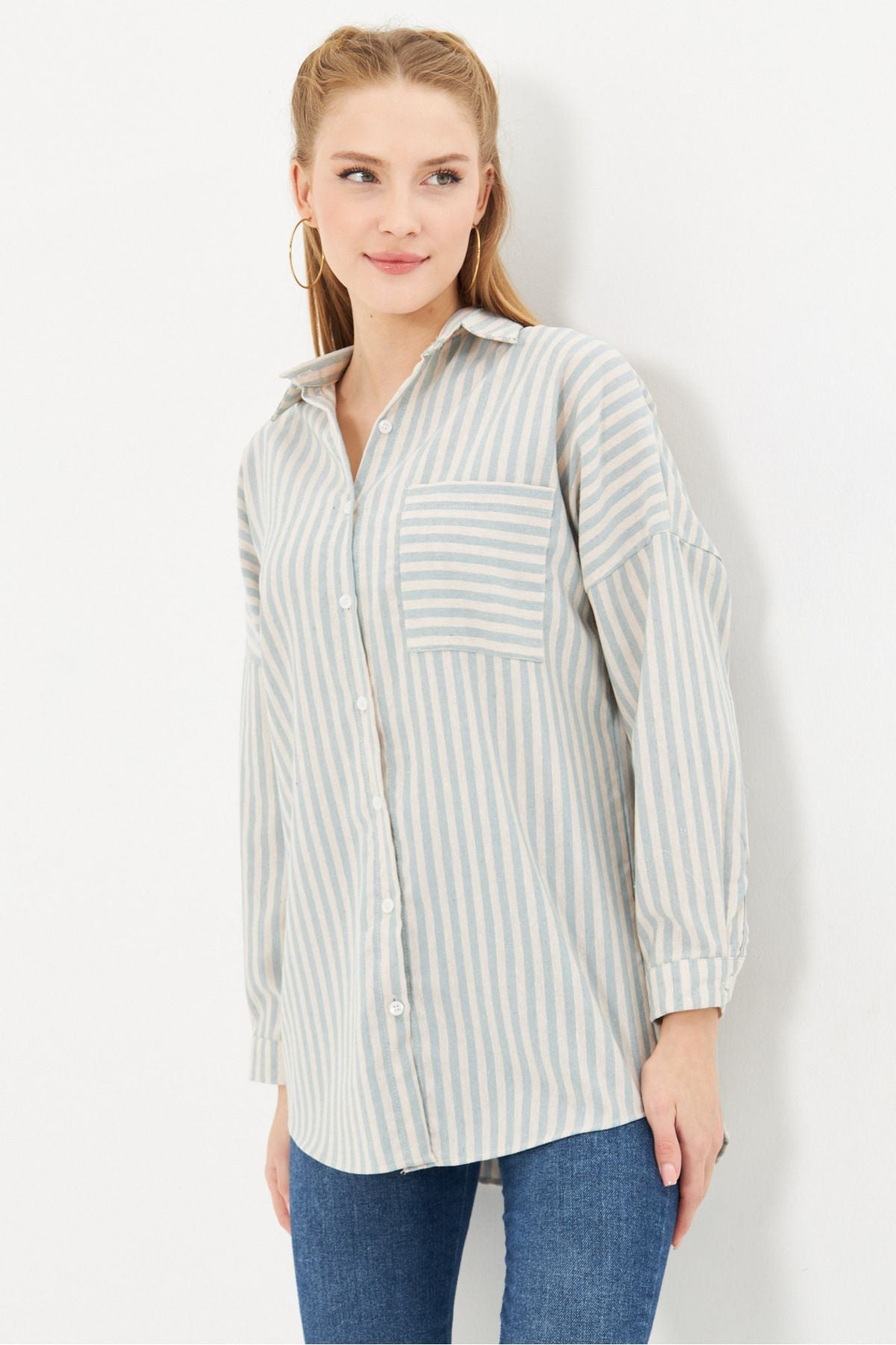 Female Mint Striped Long Sleeve Pocket Detail Pleeled Pleeled Shirt ARM-24Y001057