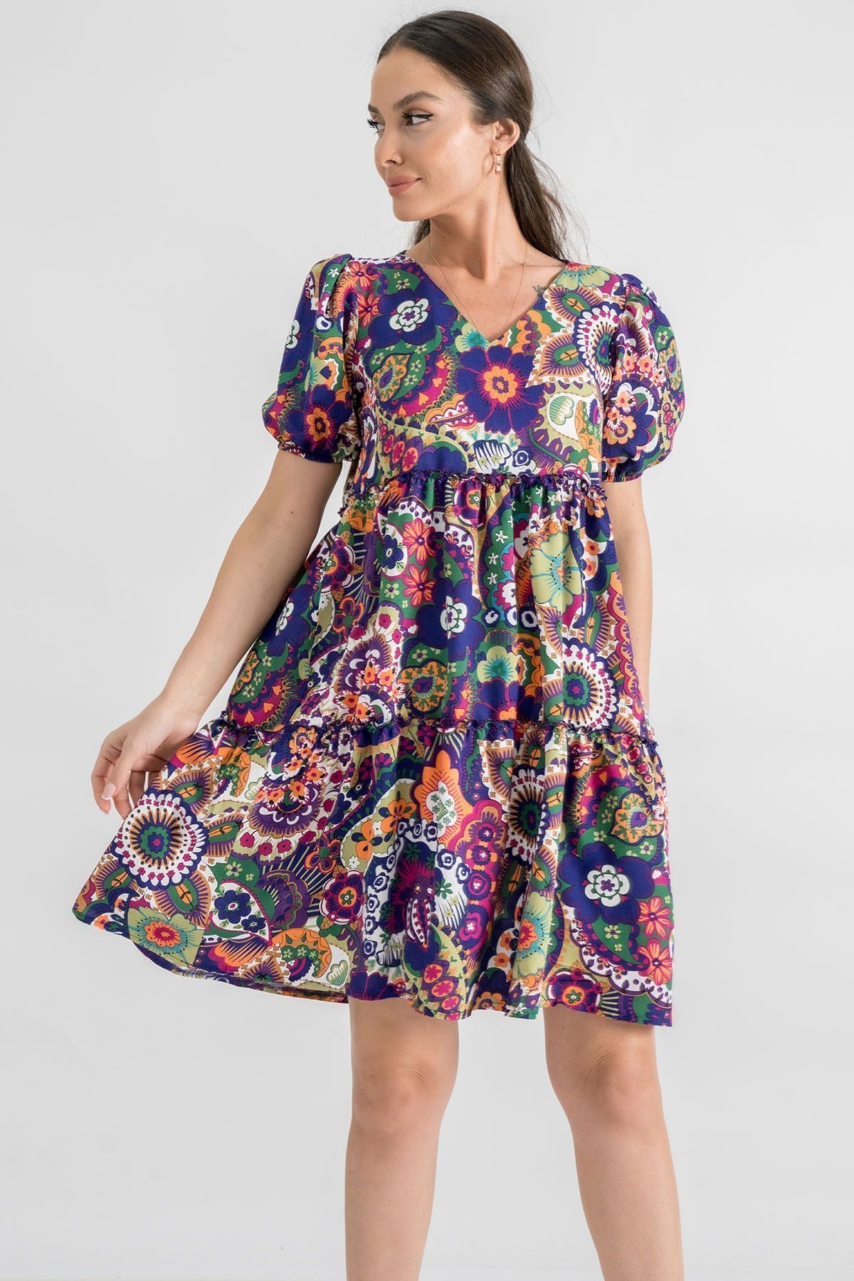 Woman Purple V-Neck Short Arm Patterned Ruffle Dress ARM-24Y001014
