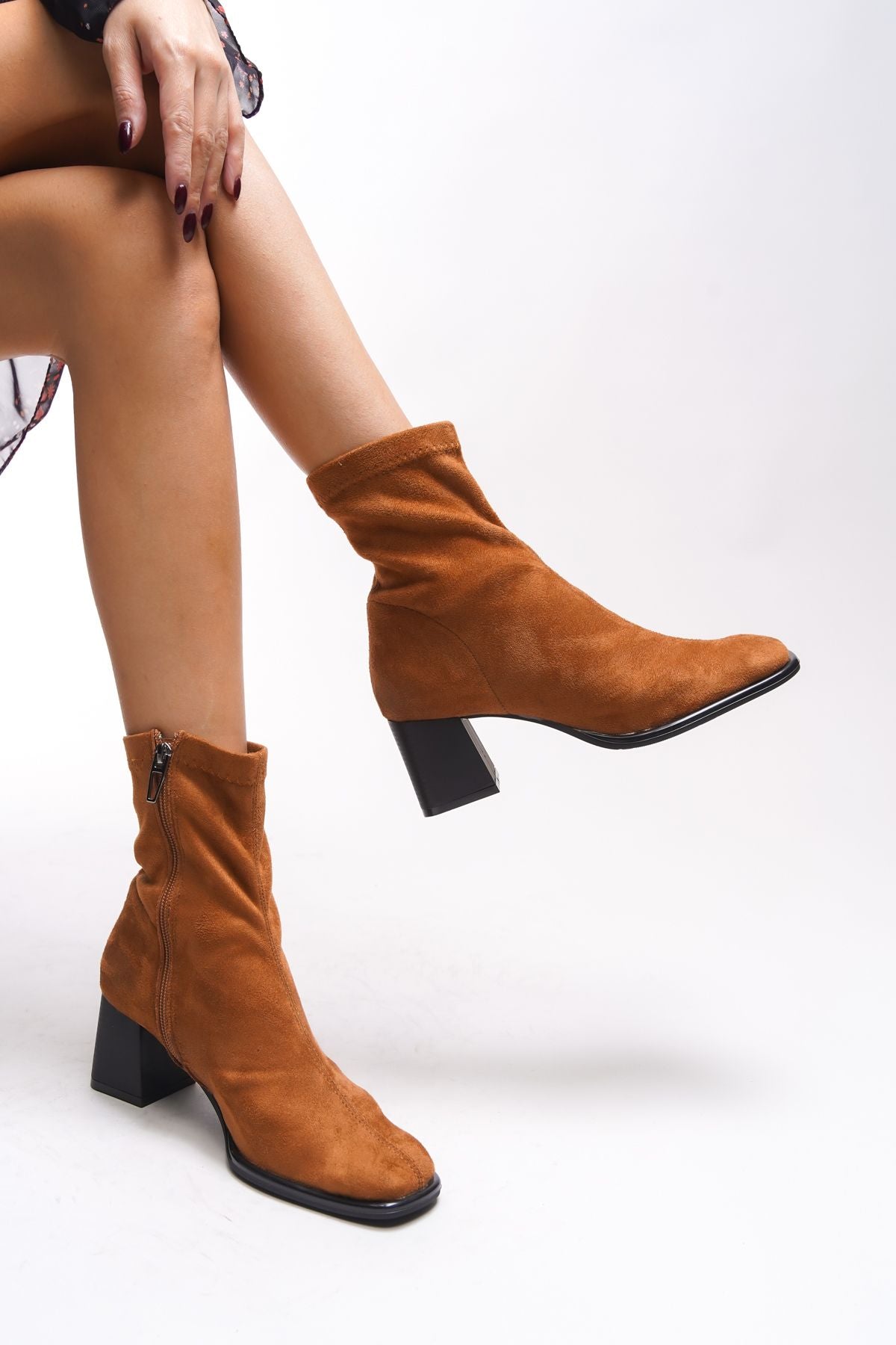 Laezaen Women Heels Stretch Bot Taba Süet