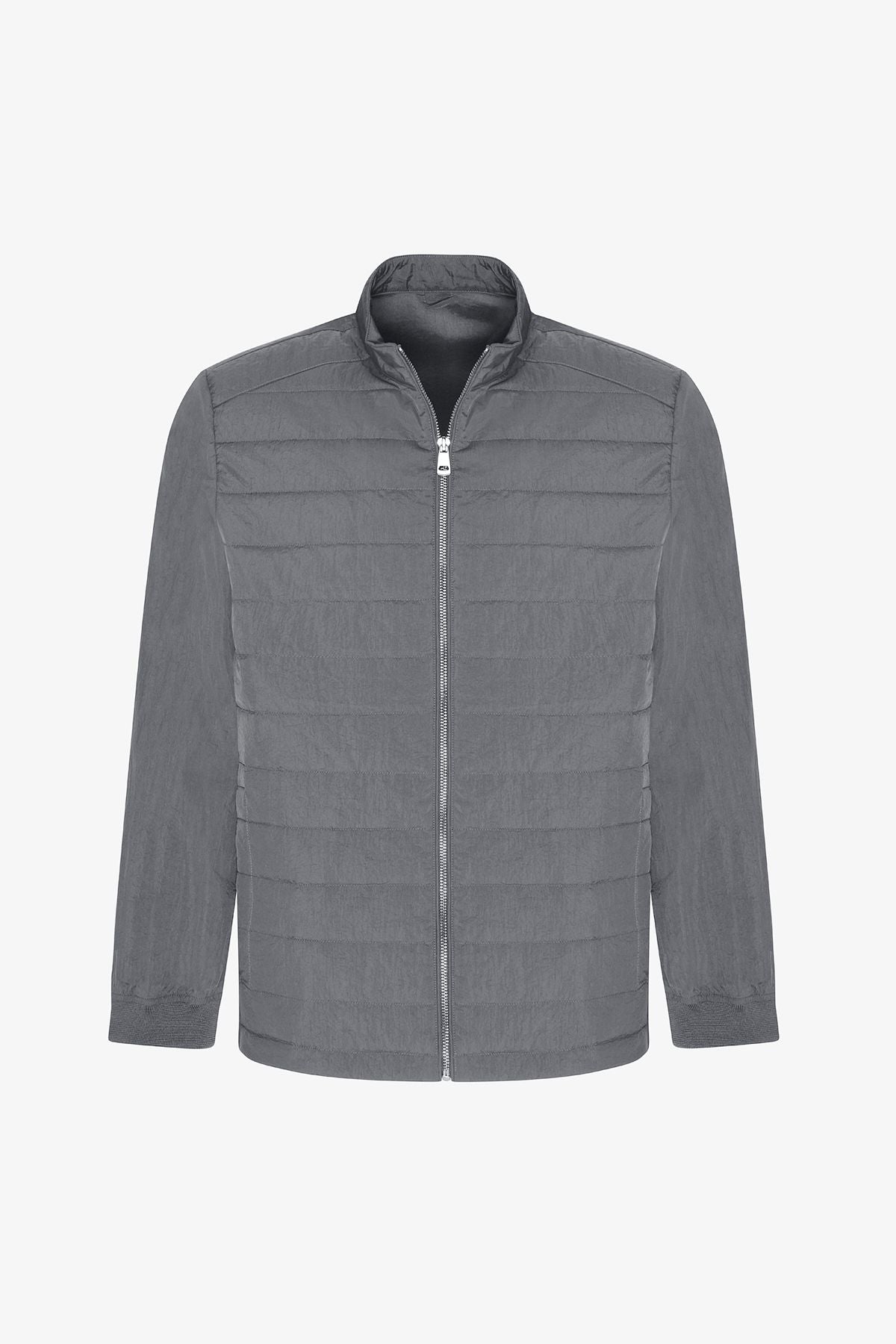 Men's gray windproof standard standard fit normal cut hidden hooded side pocket fine coat