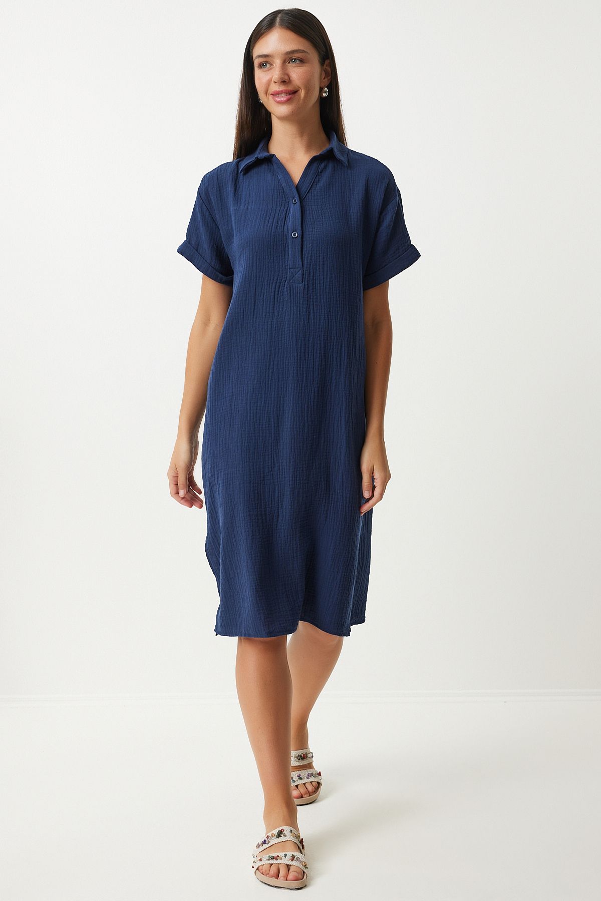 Woman Navy Blue Polo Yaka Summer Plenty of Muslin Dress to00135