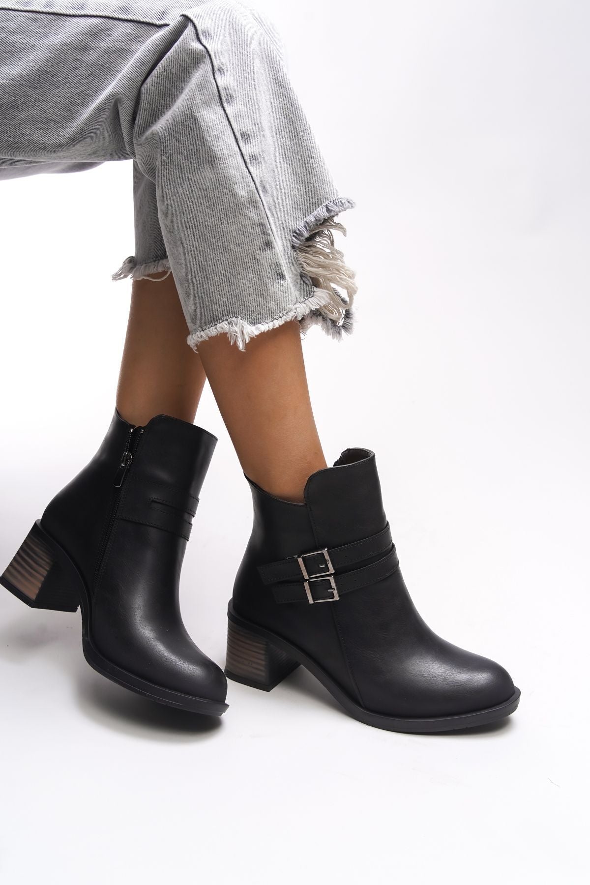 Khourzith female double buckle heels boat 0012502 black skin
