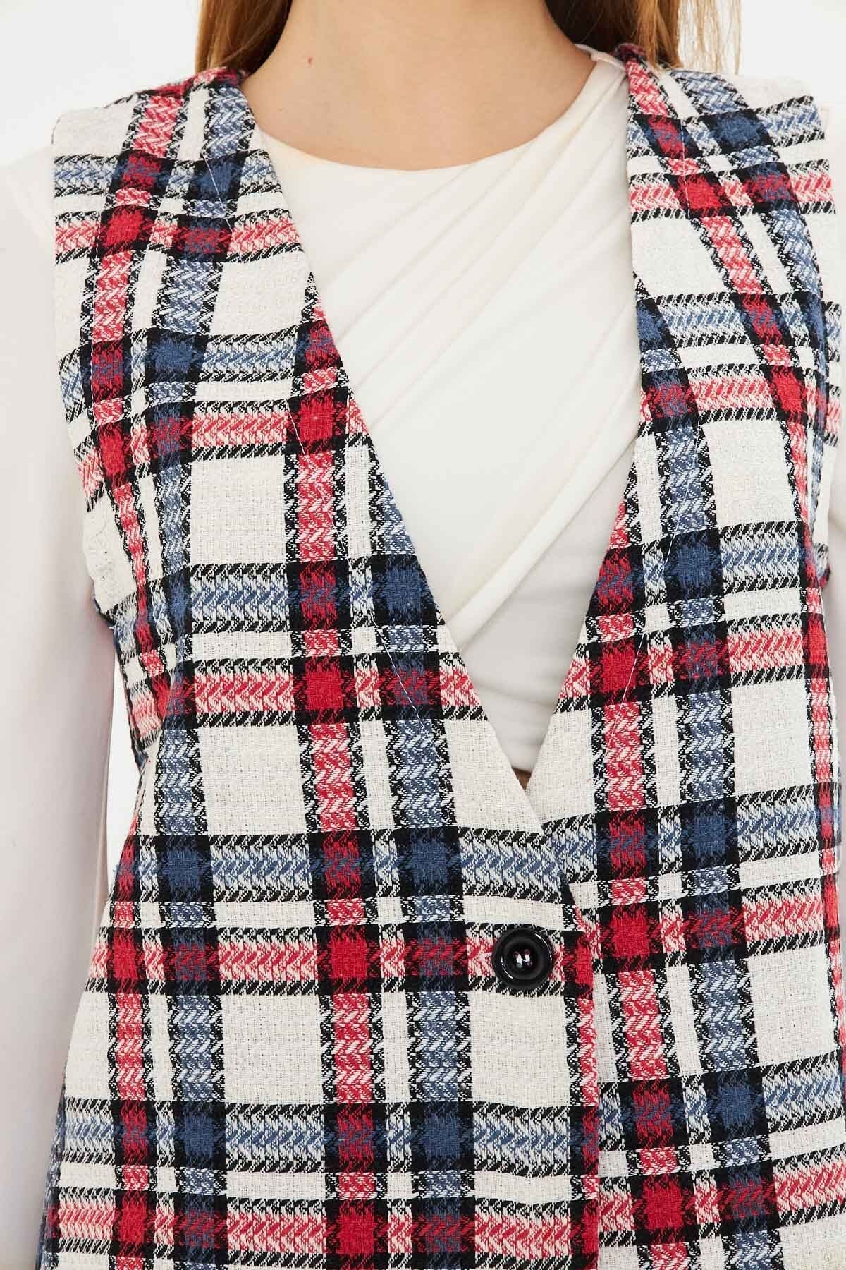 Woman Red V-Neck Single Button Oversize plaid vest ARM-25K0011111