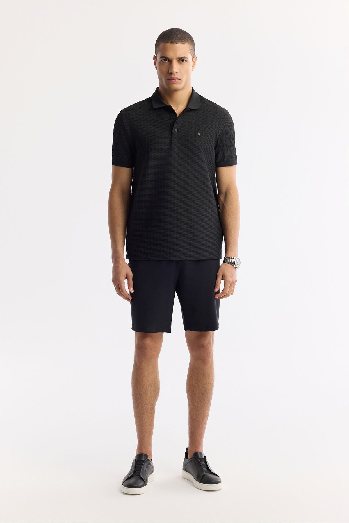 Men's black button polo collar textured jacquard t-shirt A51y1121