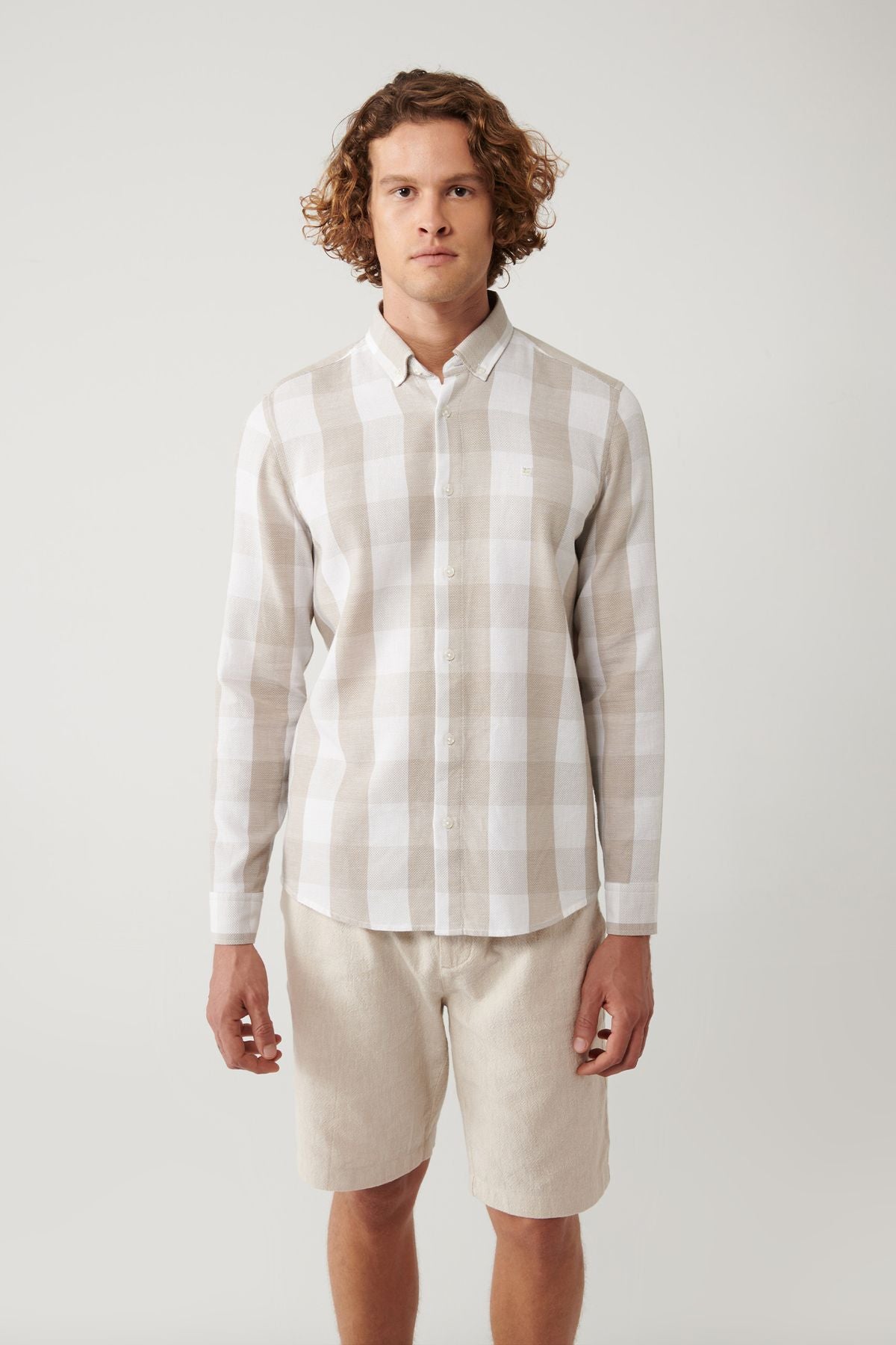 Men's beige 100 %cotton button collar cotton plaid textured shirt A41y2044