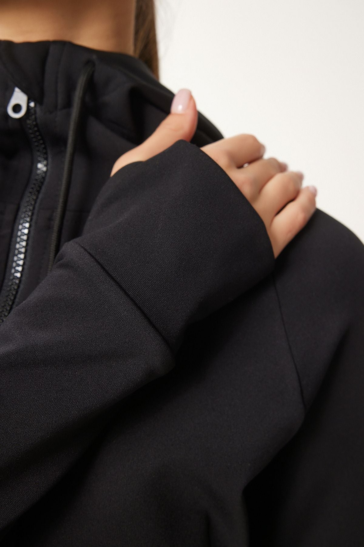 Female black finger detailed hooded zipper knitting sweatshirt vx00007