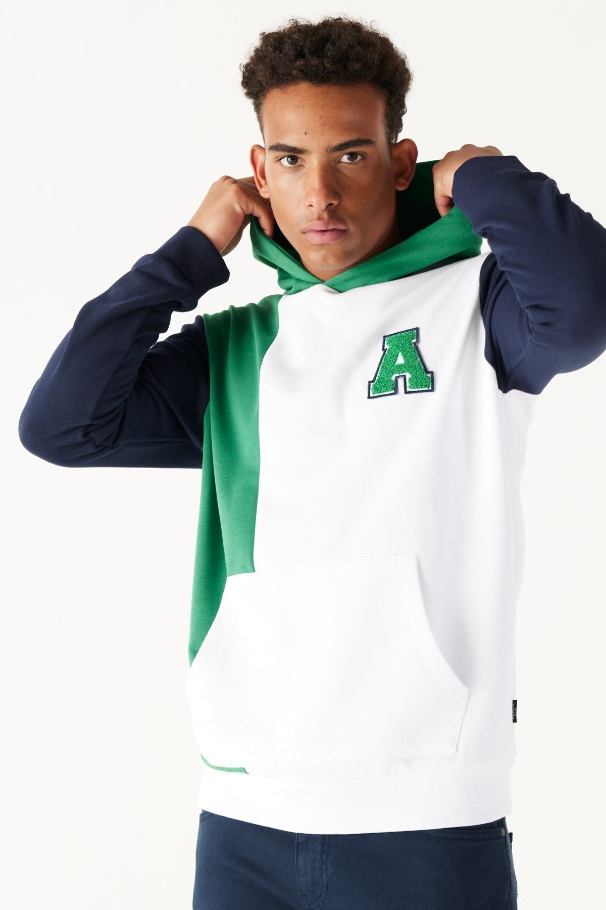 Men's white-green standard fit Normal cutting hooded cotton striped sweatshirt