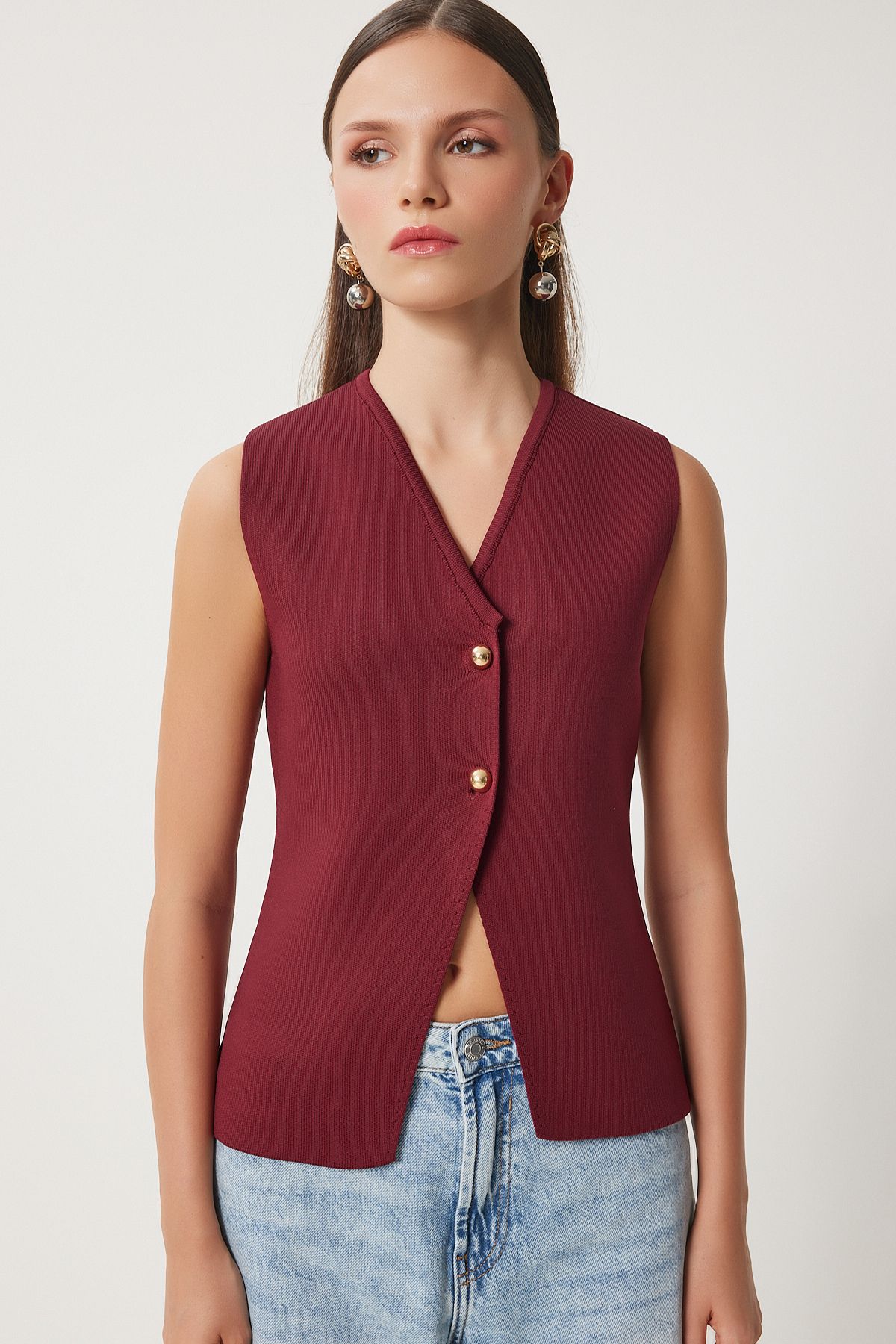 Woman Bordeaux V -Neck Stylish button knitwear vest US00943