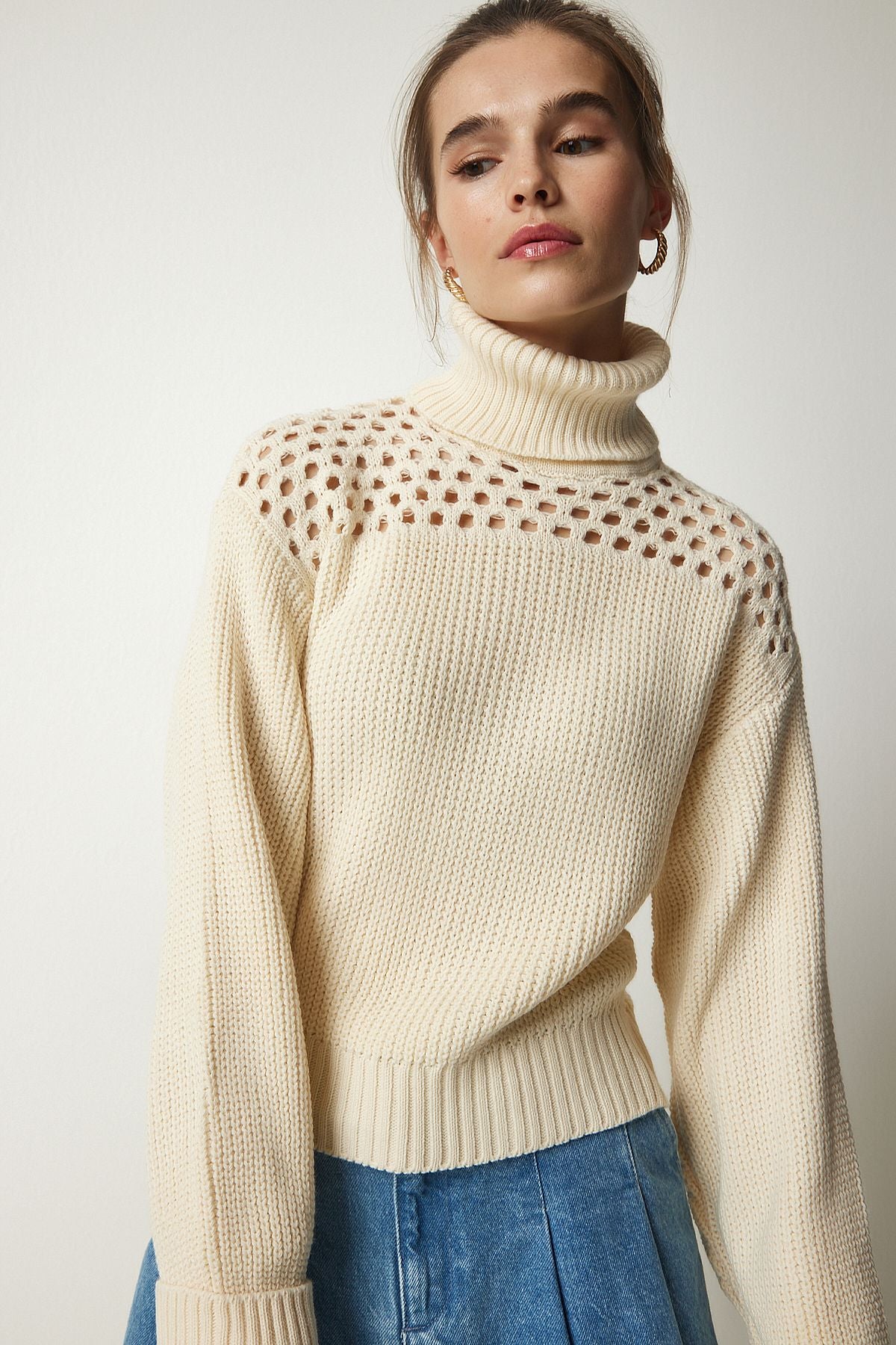 Women's cream fisherman collar openwork knitwear sweater CI00090
