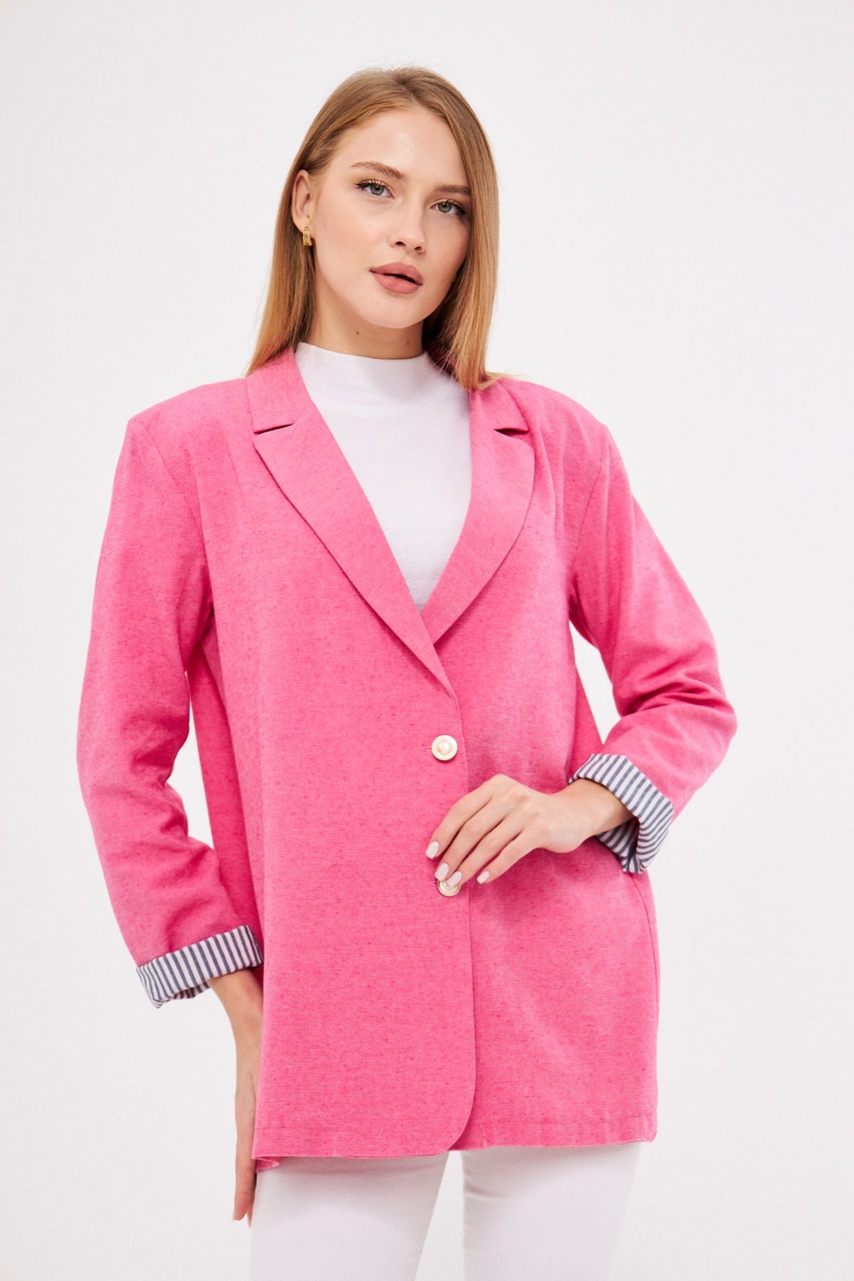 Women's Fuchsia Cruve Collar Folding Detailed Oversize Preddy Blazer Jacket ARM-25K001015