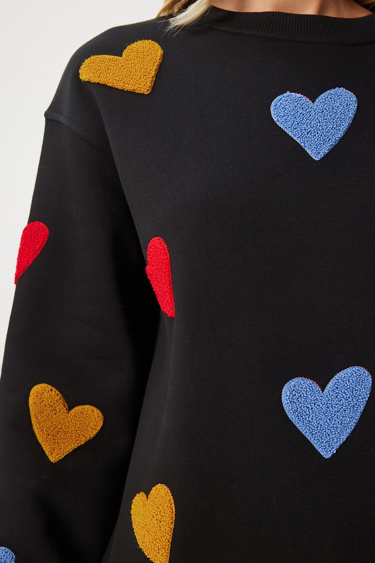 Woman Black Heart Textured Shadon Sweatshirt NJ00162