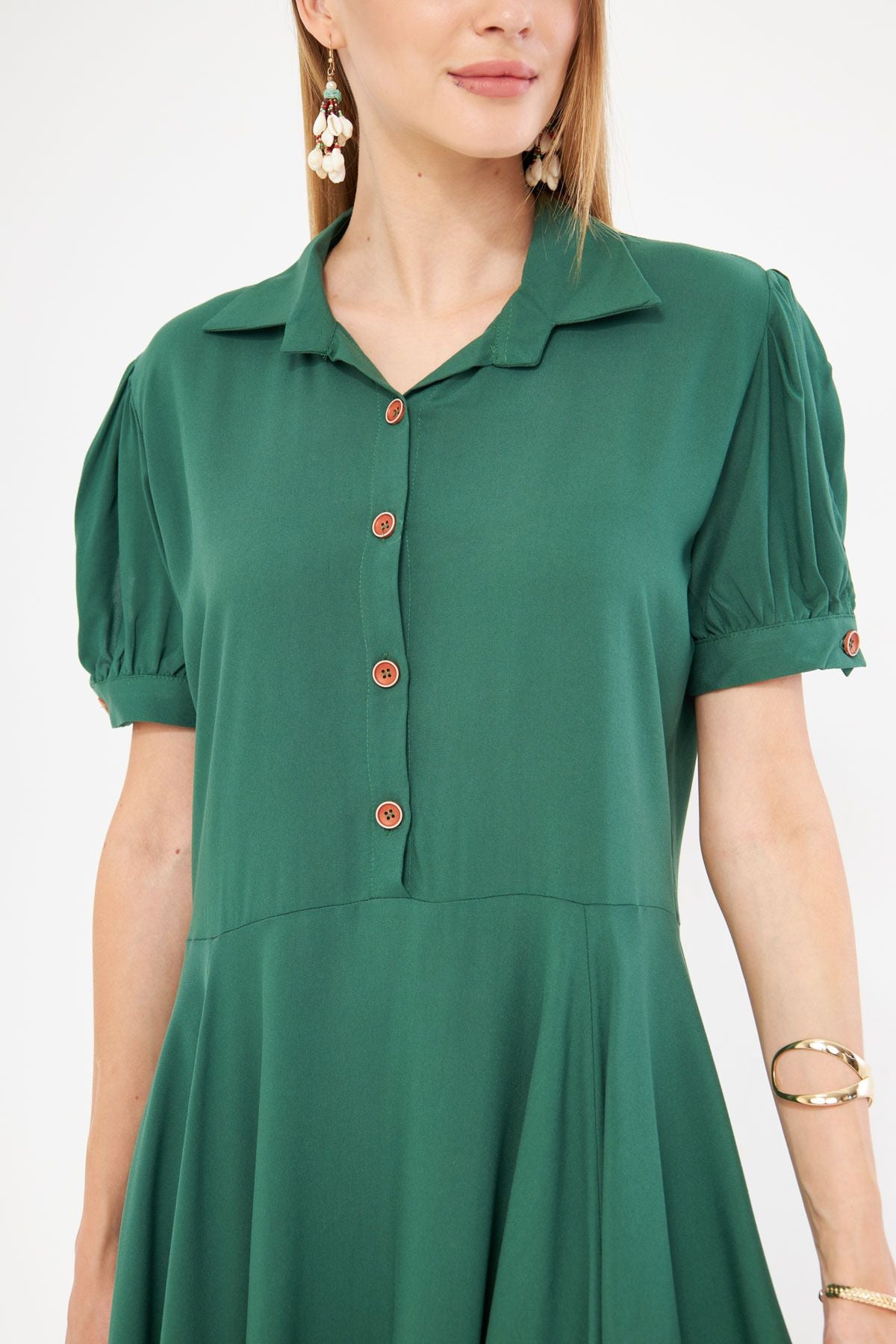 Woman Dark Green Shirt collar arm Slip Detailed Watermelon Sleeve Dress ARM-24Y001083