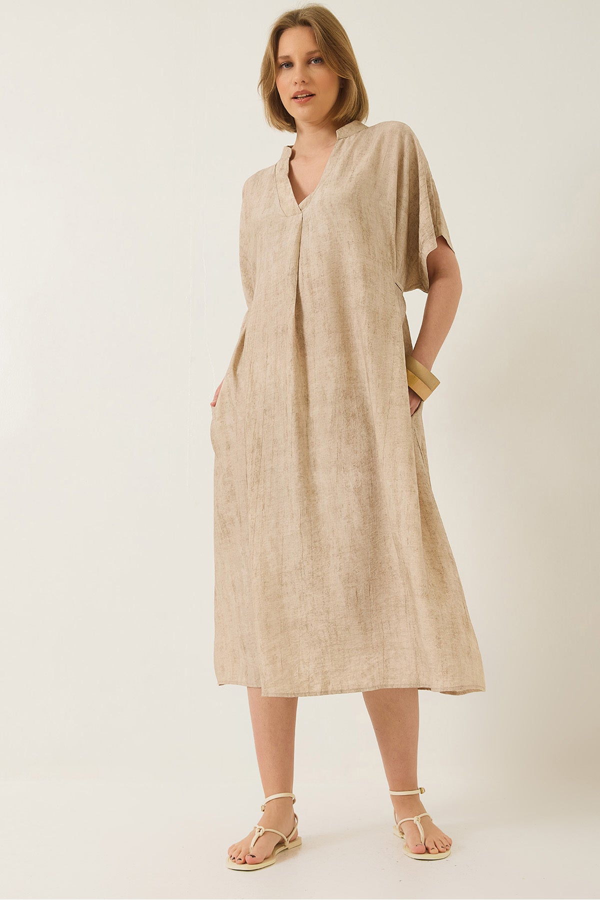 Women's V-Neck Tie Detailed Pocket Bat-Cut Casual Dress 60283210