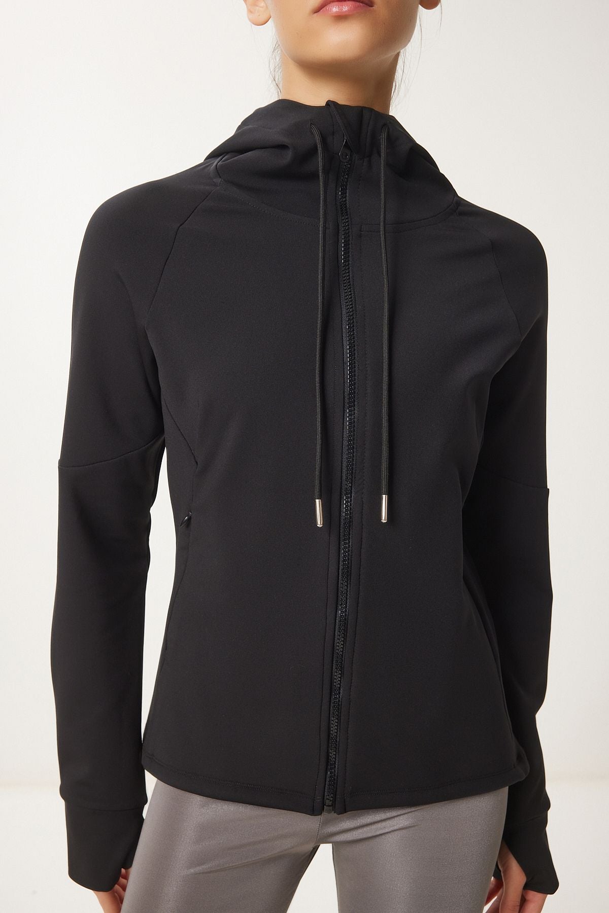 Female black finger detailed hooded zipper knitting sweatshirt vx00007