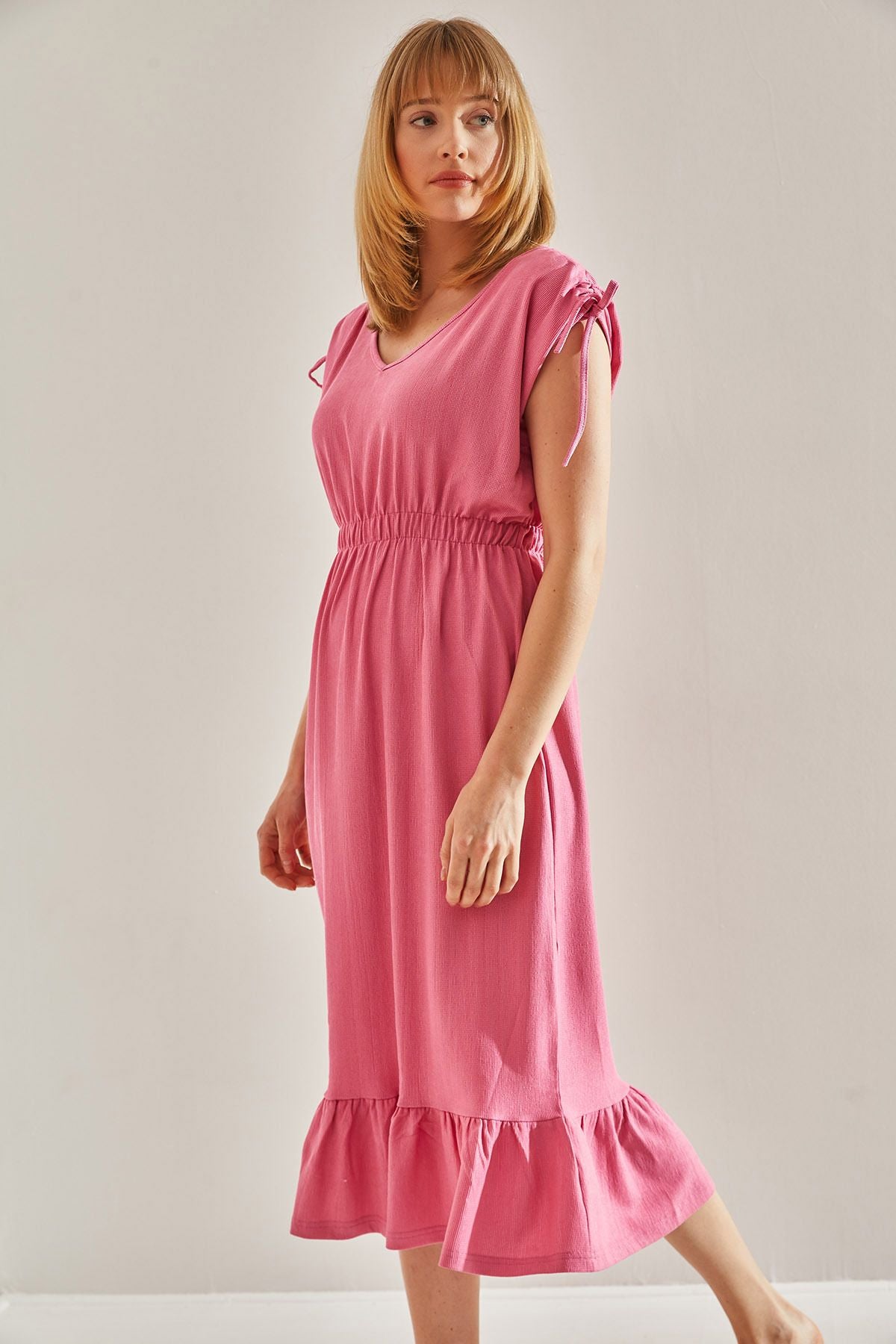 Woman Pink Shoulder and Waist Shirred Skirt Ruffled V -Neck Dress 60251003