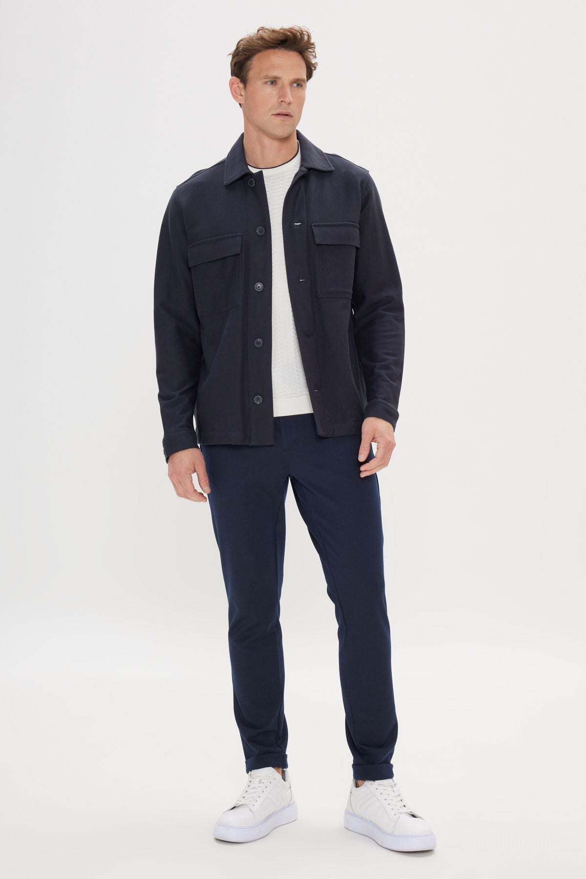 Men's navy blue standard fit normal cut shirt collar 100 %cotton coat