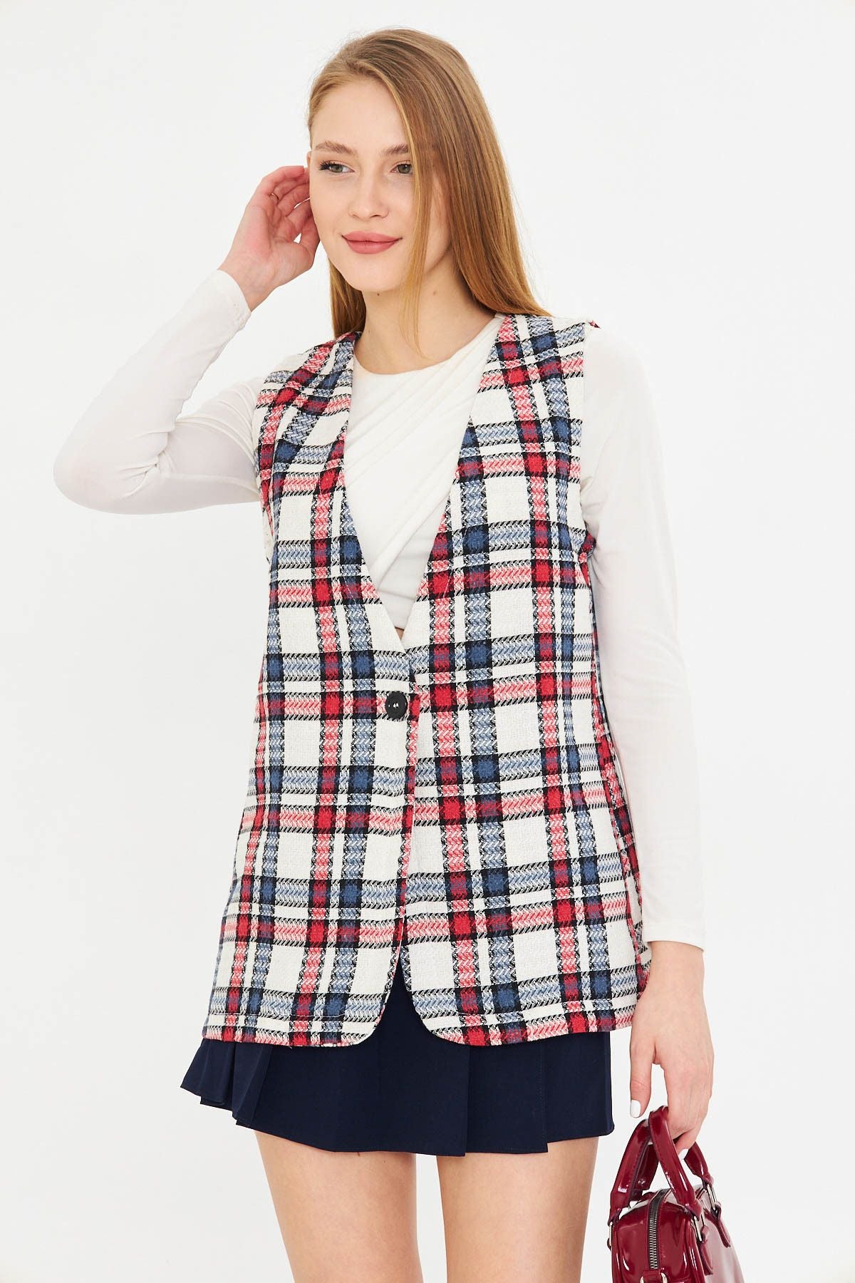 Woman Red V-Neck Single Button Oversize plaid vest ARM-25K0011111