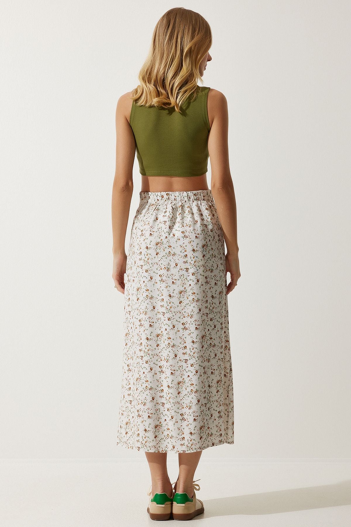 Female ecru patterned slit viscose skirt UB00246