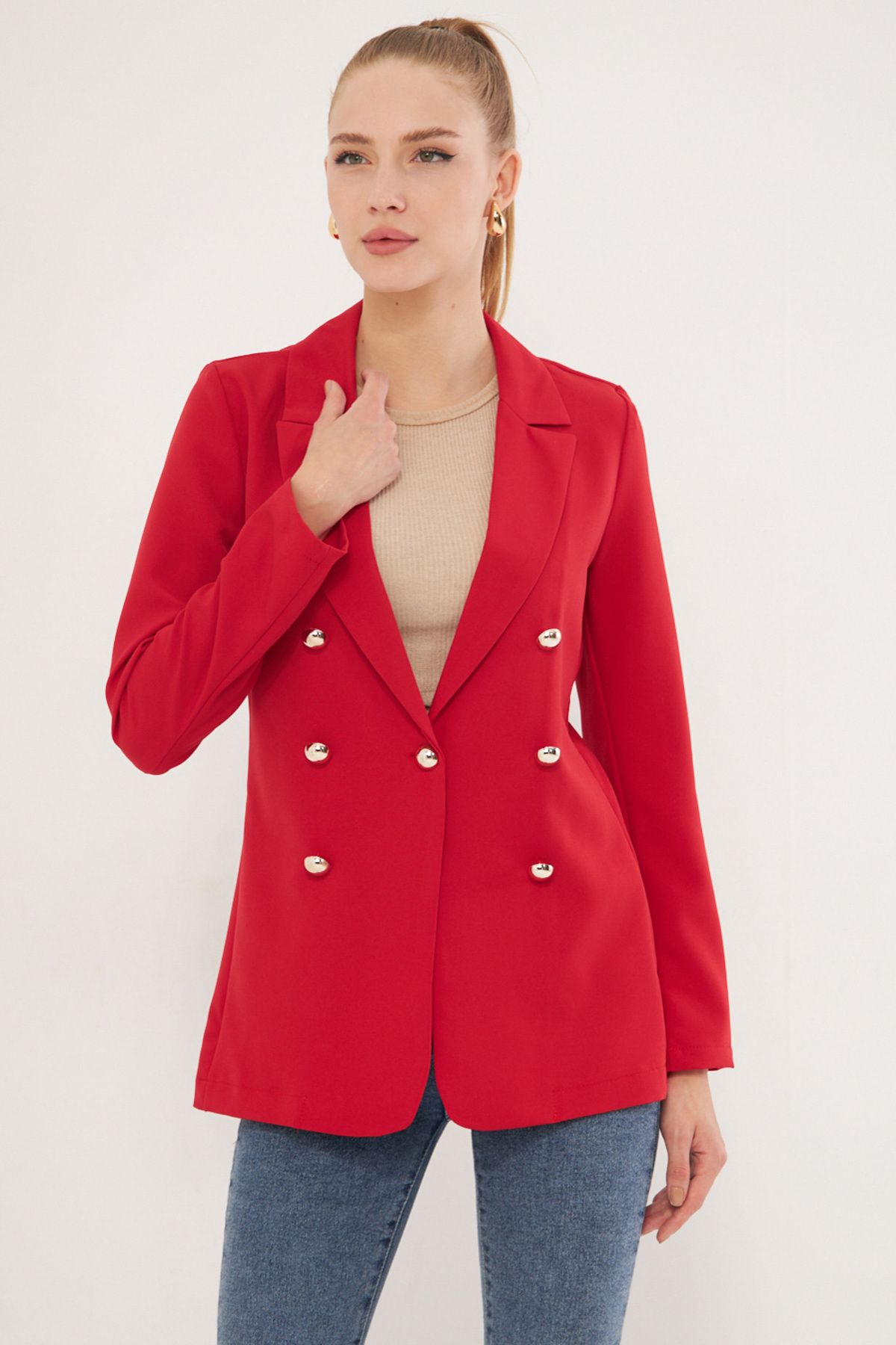 Female red button jacket ARM-20K001151