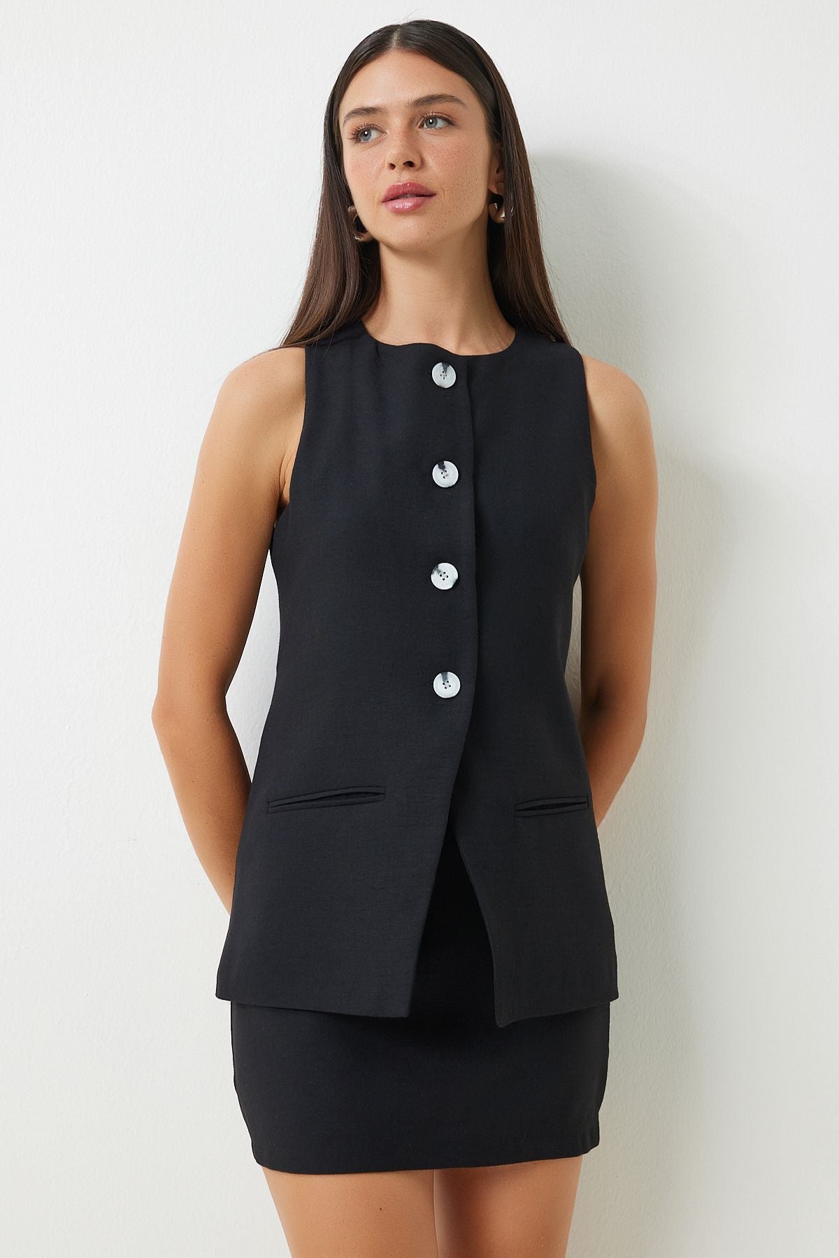 Female Black Sleeveless Vest Mini Skirt Woven Set FN03188