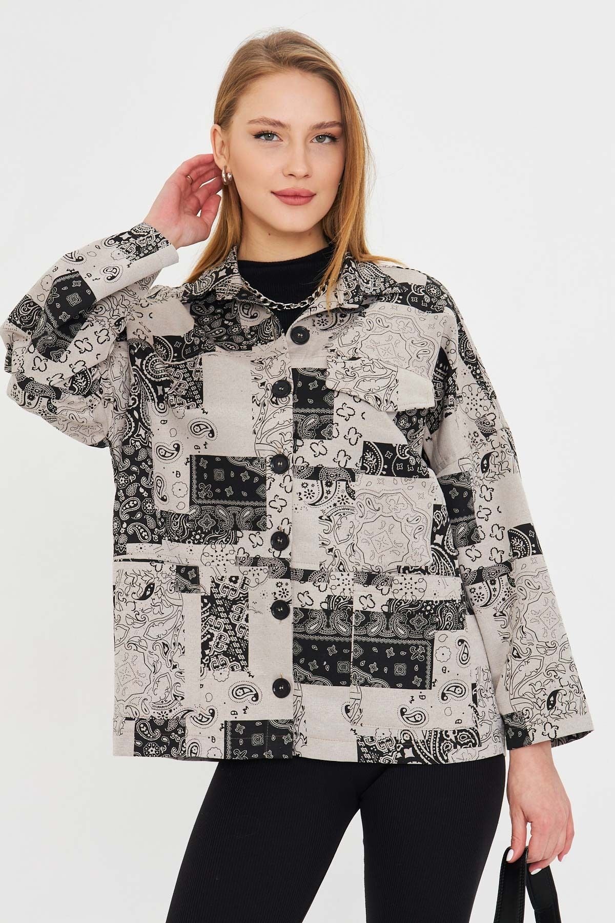 Woman Light Gray Patterned Pocket Detailed Shirt Jacket ARM-25K001071