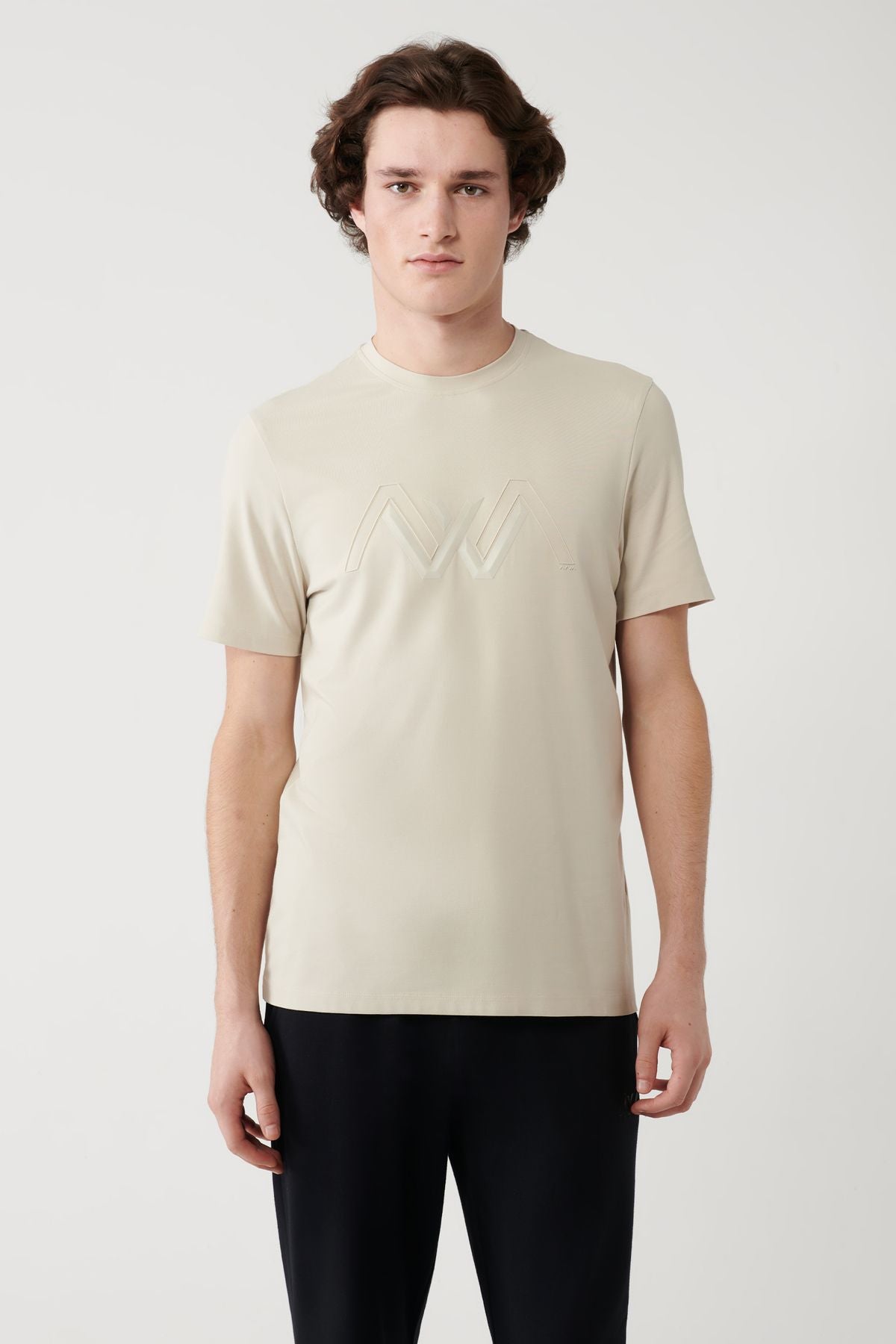 Men's Beige Bicycle Collar Printed Soft Touch T-shirt A41y1037