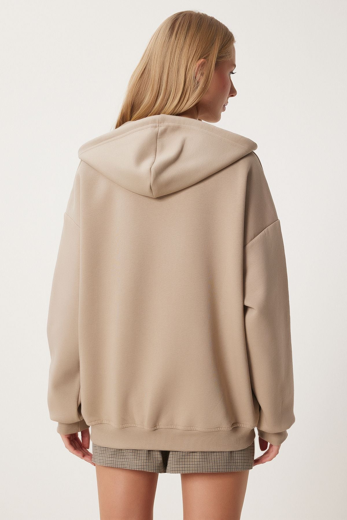Female Beige Hooded Zipper Oversize Sweatshirt UB00124